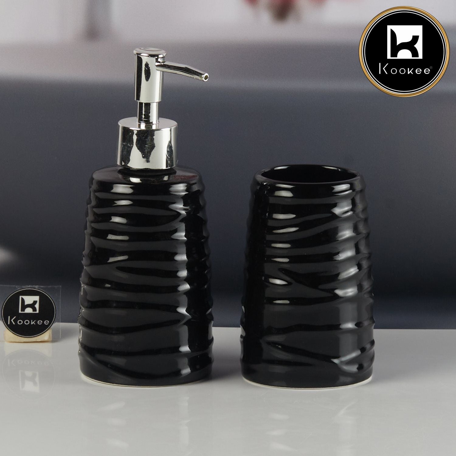 Kookee Ceramic Bathroom Accessories Set of 2, Modern Bath Set with Liquid handwash Soap Dispenser and Toothbrush holder, Luxury Gift Accessory for Home, Black