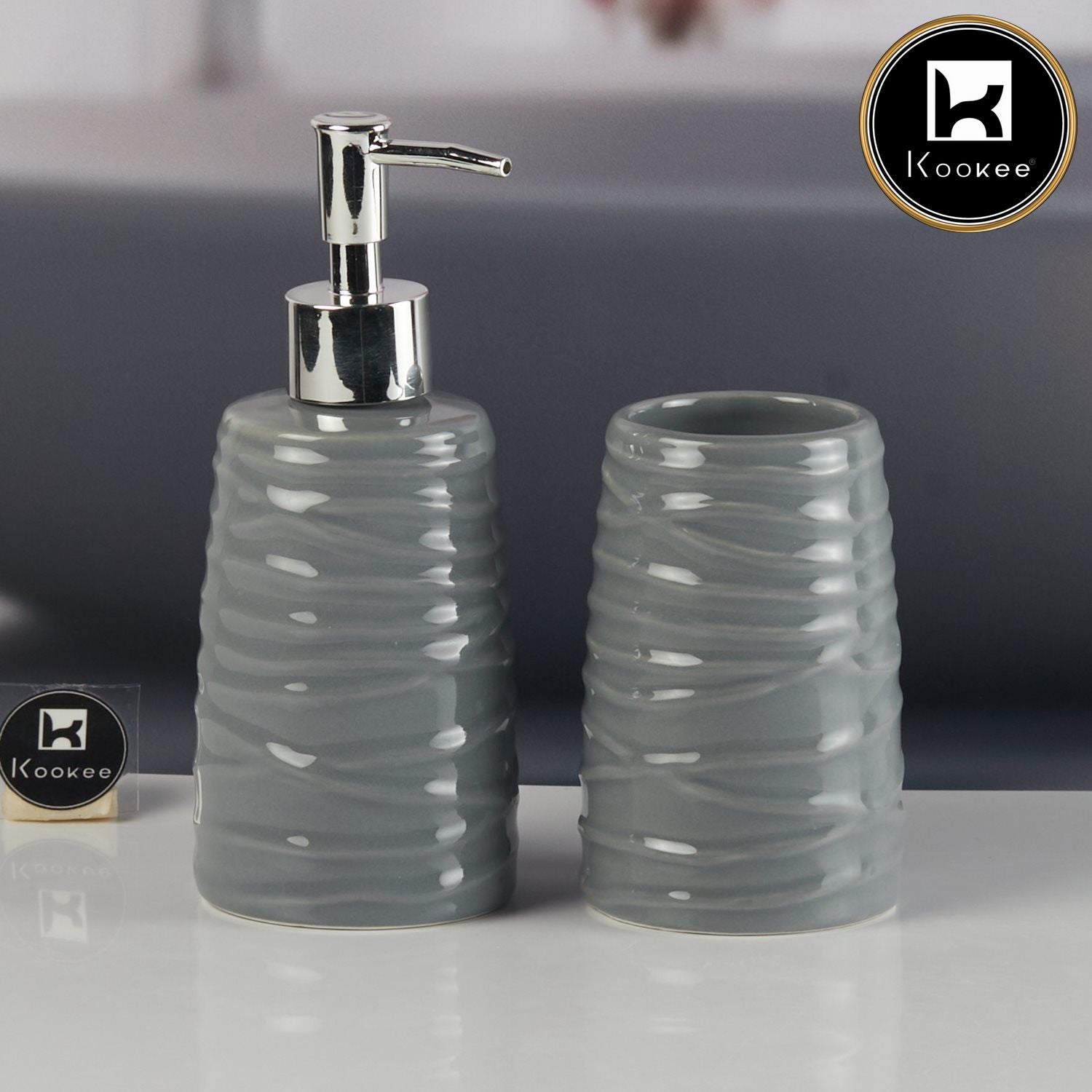 Kookee Ceramic Bathroom Accessories Set of 2, Modern Bath Set with Liquid handwash Soap Dispenser and Toothbrush holder, Luxury Gift Accessory for Home, Grey