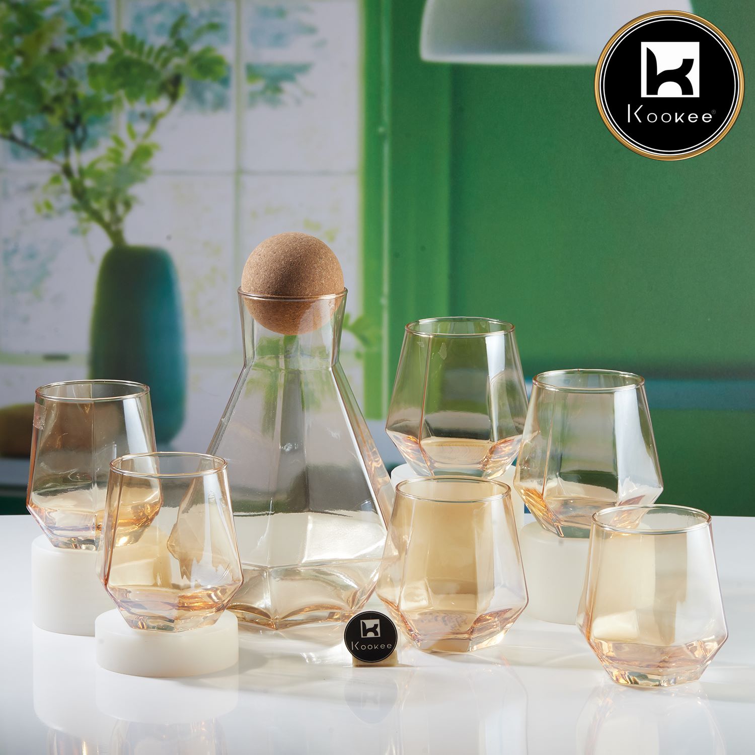 Kookee Premium Water and Juice Gold Glasses Set of 6 and Jug Set Combo (11320)
