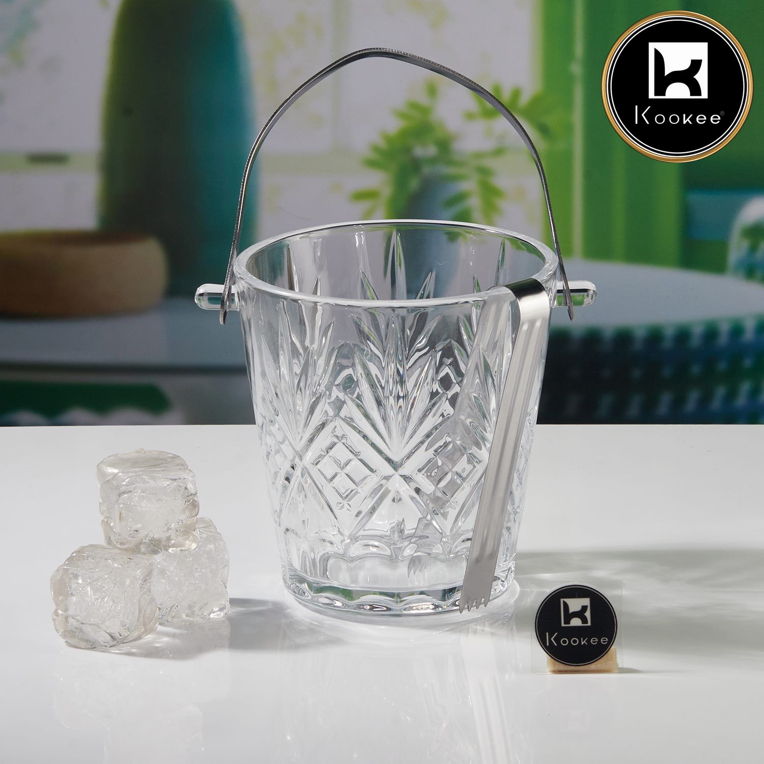 Kookee Glass Crystal Ice Bucket with Tong & Handle, Set of 1, 800ml (11322)