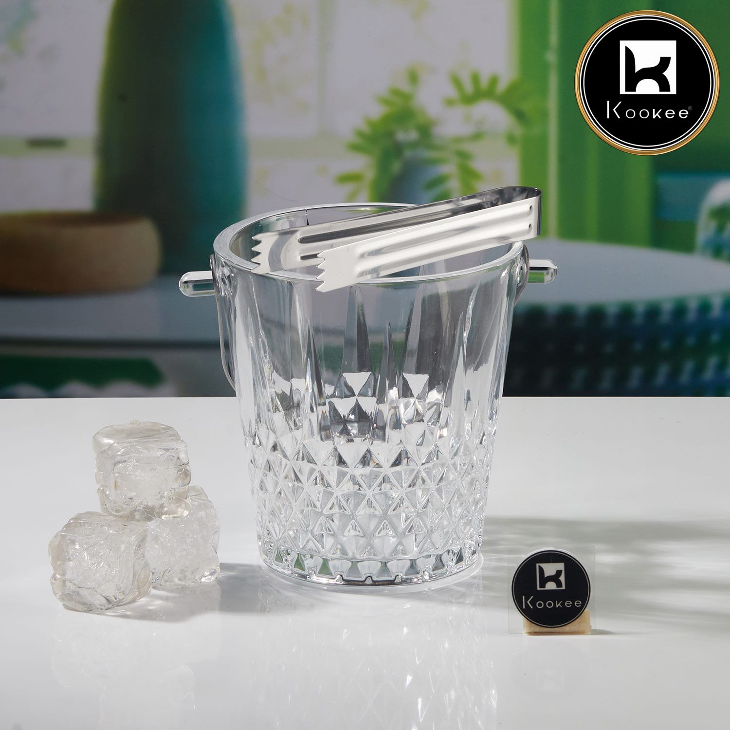 Glass Crystal Ice Bucket with Tong & Handle, Set of 1, 800ml (V-GLASS-007-1)