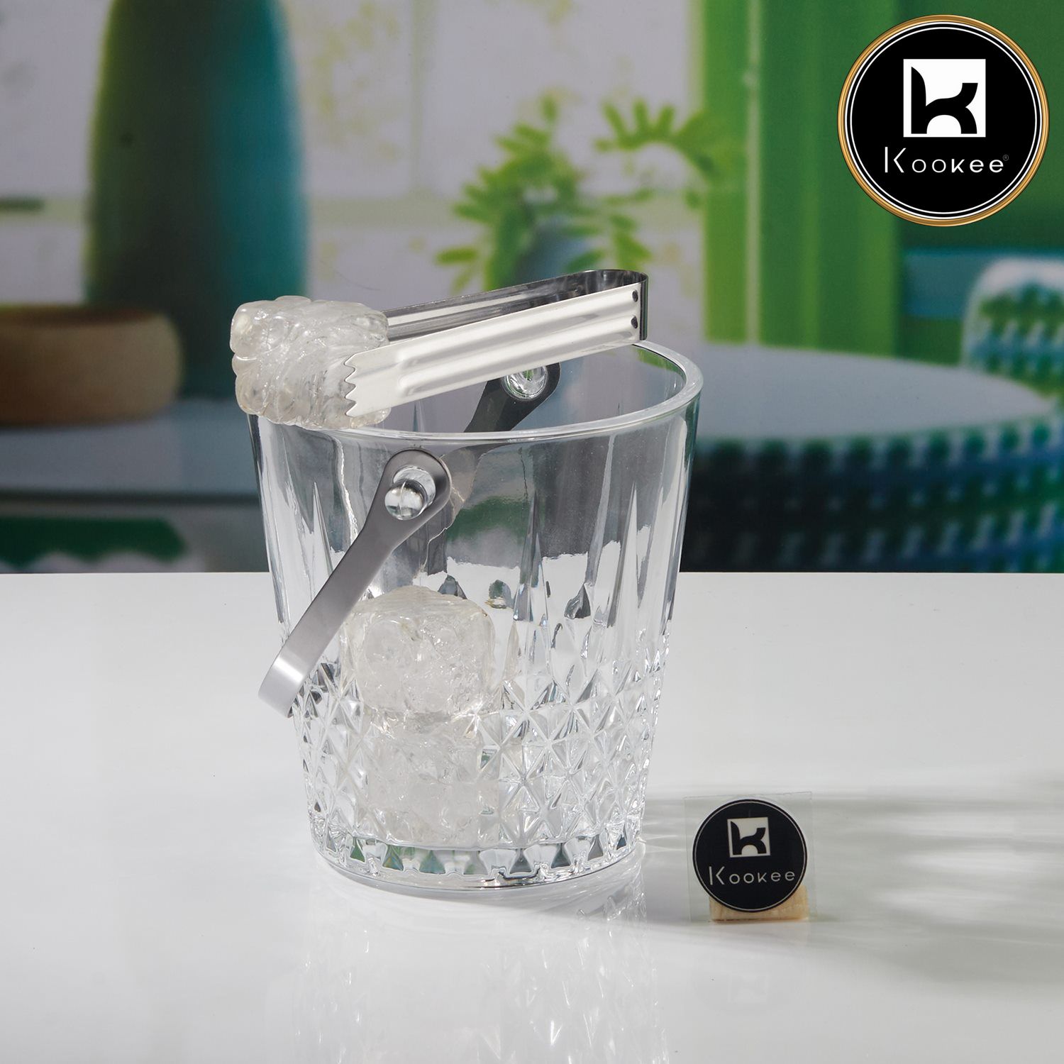 Glass Crystal Ice Bucket with Tong & Handle, Set of 1, 800ml (V-GLASS-007-1)