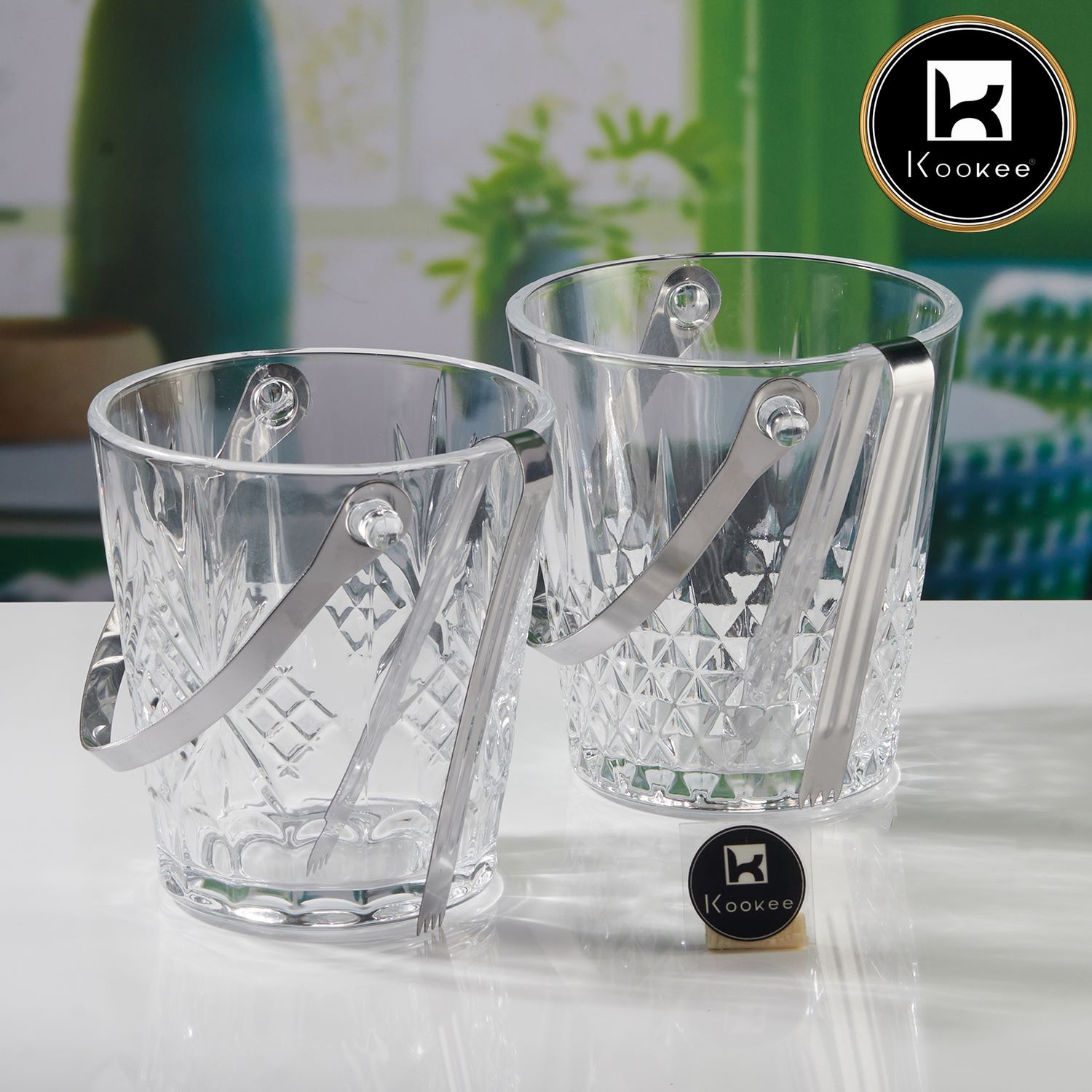 Glass Crystal Ice Bucket with Tong & Handle, Set of 1, 800ml (V-GLASS-007-1)