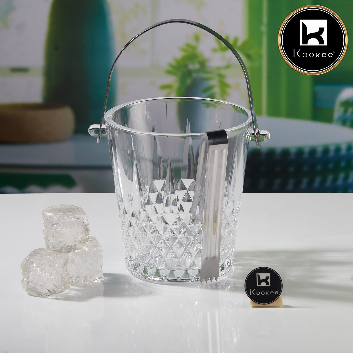 Kookee Glass Crystal Ice Bucket with Tong & Handle, Set of 1, 800ml (11323)