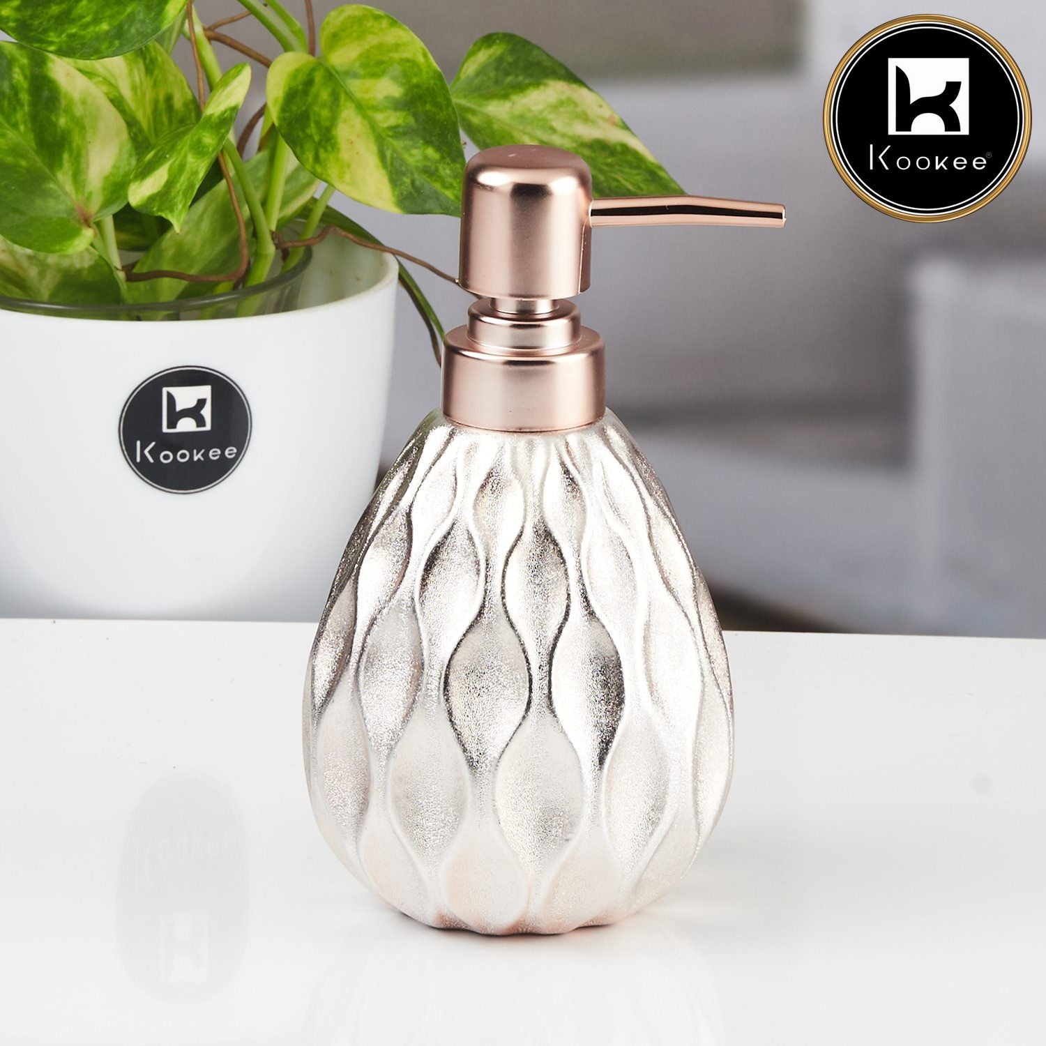 Kookee Ceramic Soap Dispenser with Stylish Refillable Pump Bottle for Bathroom Handwash & Kitchen Wash Basin, Perfect for Hand Soap, Lotion, and more, Rose Gold,