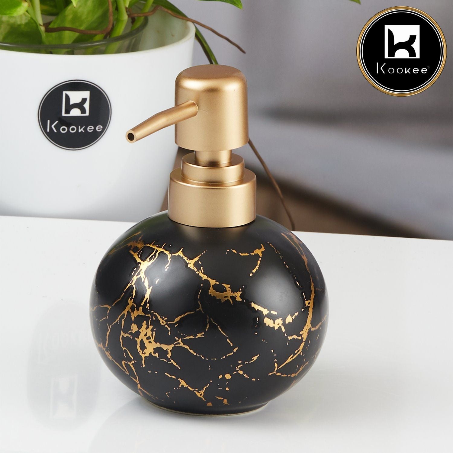 Ceramic Soap Dispenser for handwash for Bathroom, Black/Gold, (Set of 1) (11333)