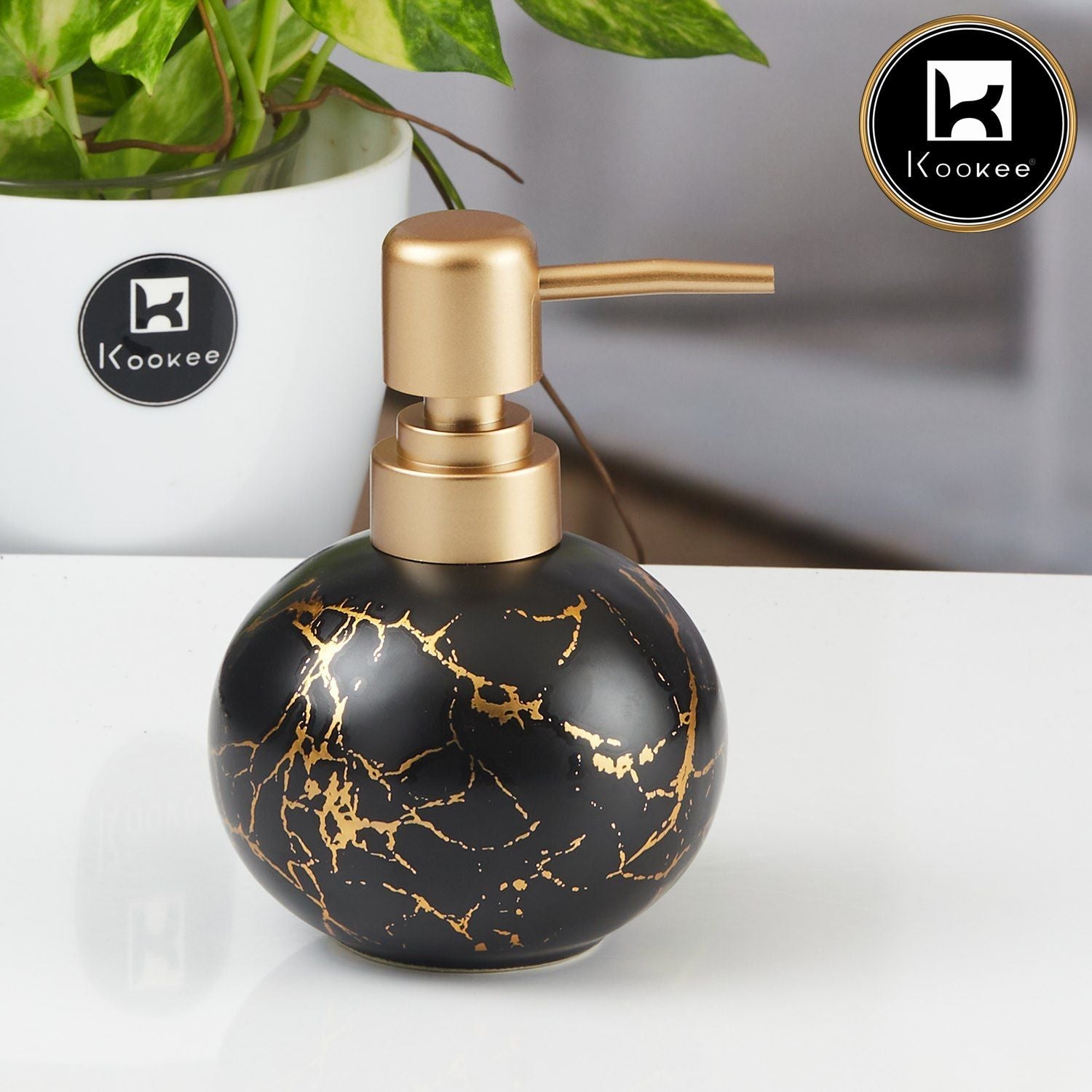 Kookee Ceramic Soap Dispenser with Stylish Refillable Pump Bottle for Bathroom Handwash & Kitchen Wash Basin, Perfect for Hand Soap, Lotion, and more, Black/Gold,