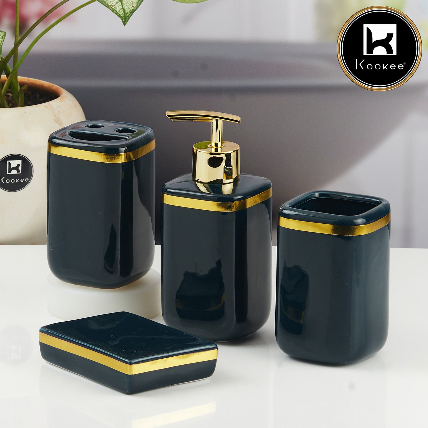 Ceramic Bathroom Accessories Set of 4 with Soap Dispenser (11337)