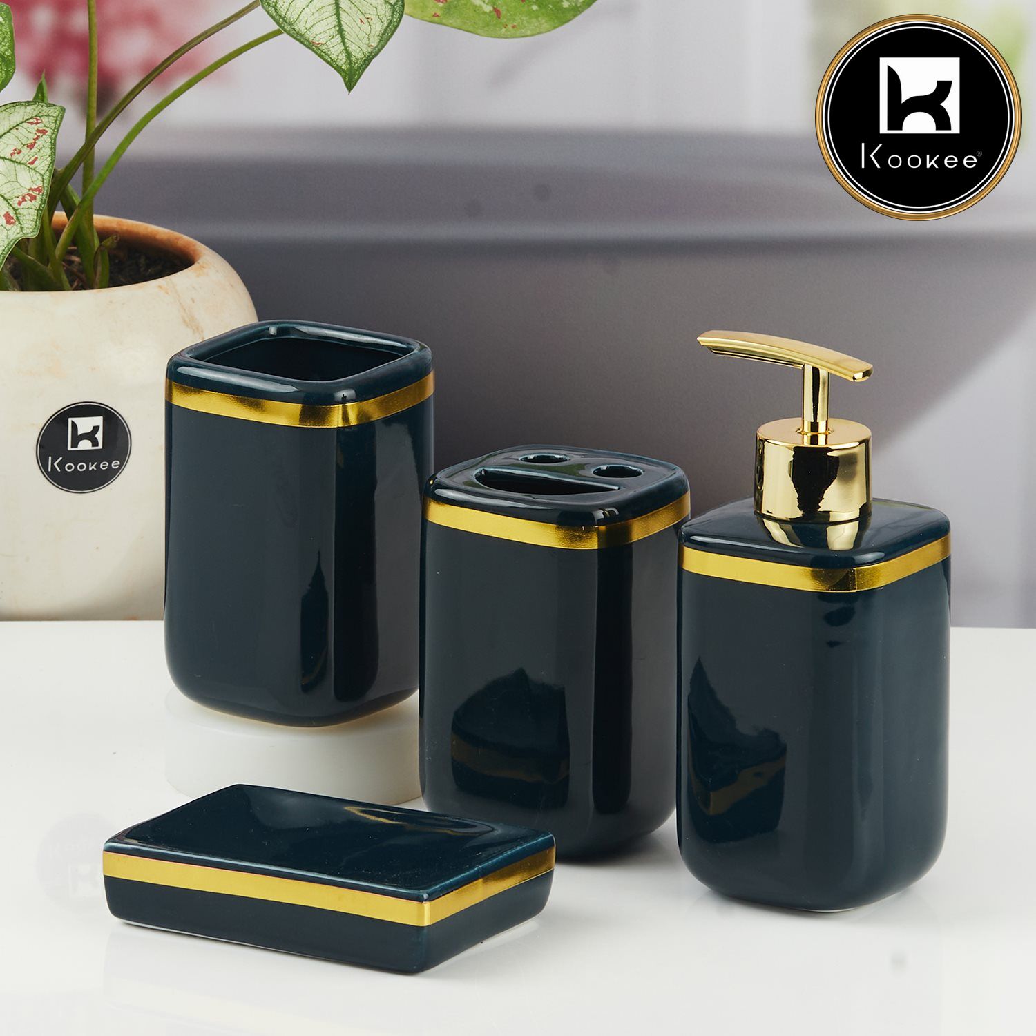 Ceramic Bathroom Accessories Set of 4 with Soap Dispenser (11337)