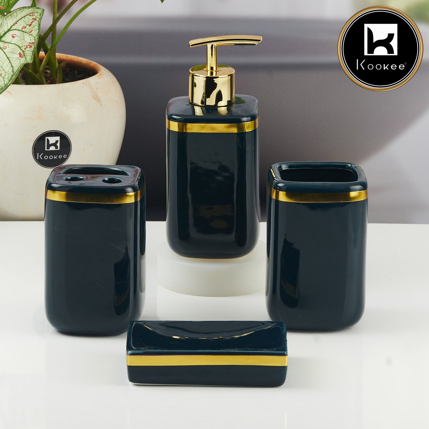 Ceramic Bathroom Accessories Set of 4 with Soap Dispenser (11337)