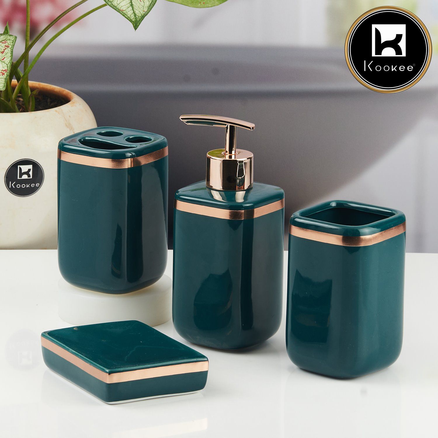 Ceramic Bathroom Accessories Set of 4 with Soap Dispenser (11338)