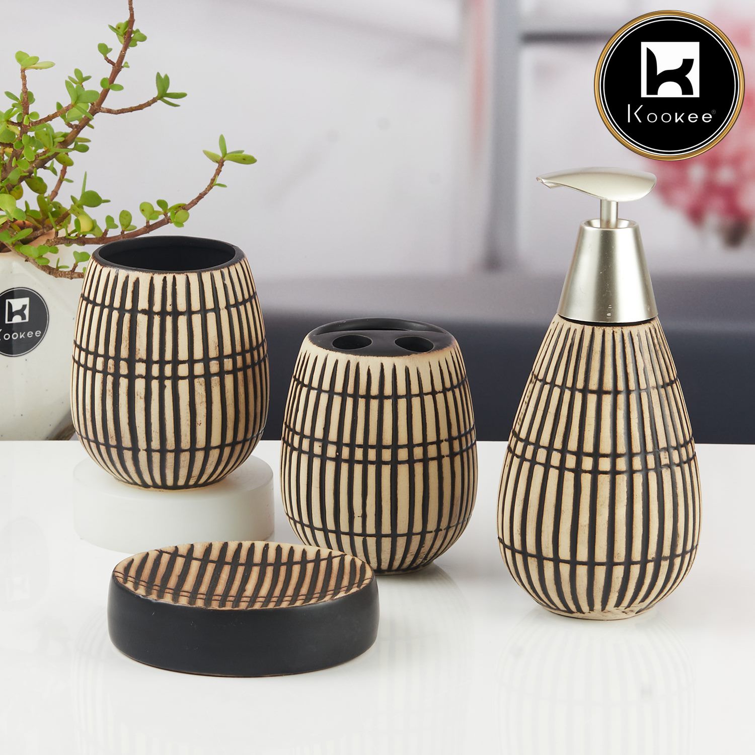 Ceramic Bathroom Accessories Set of 4 with Soap Dispenser (V-CBS-139-2)