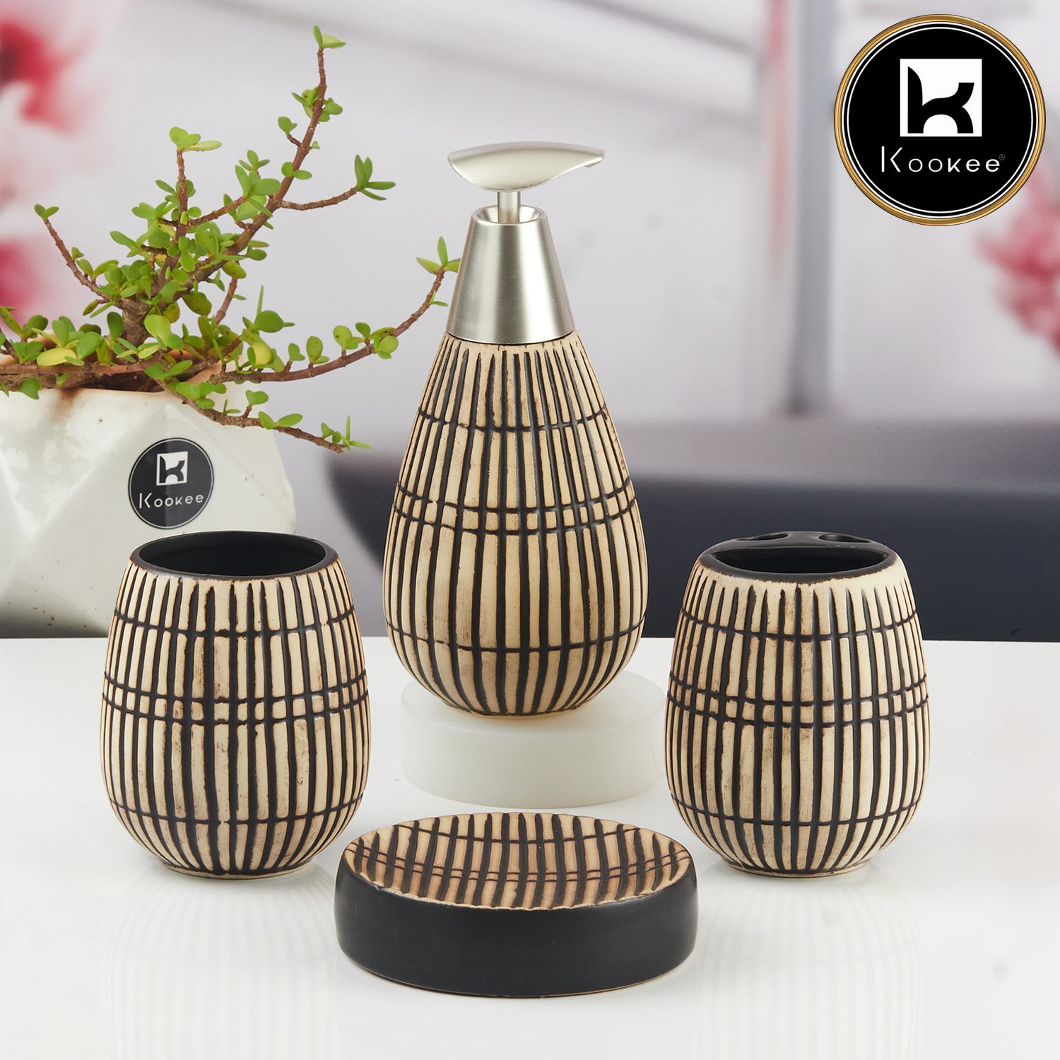 Ceramic Bathroom Accessories Set of 4 with Soap Dispenser (V-CBS-139-2)
