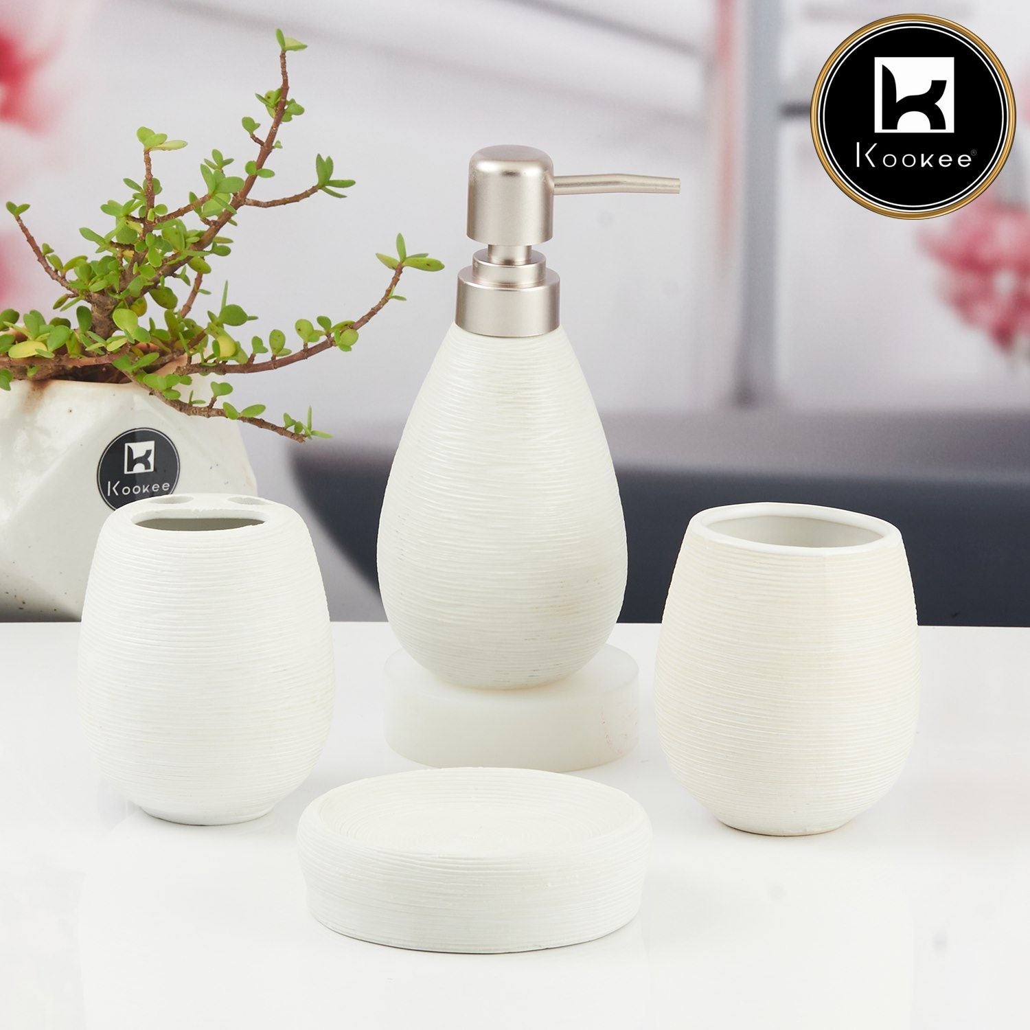 Ceramic Bathroom Accessories Set of 4 with Soap Dispenser (11340)