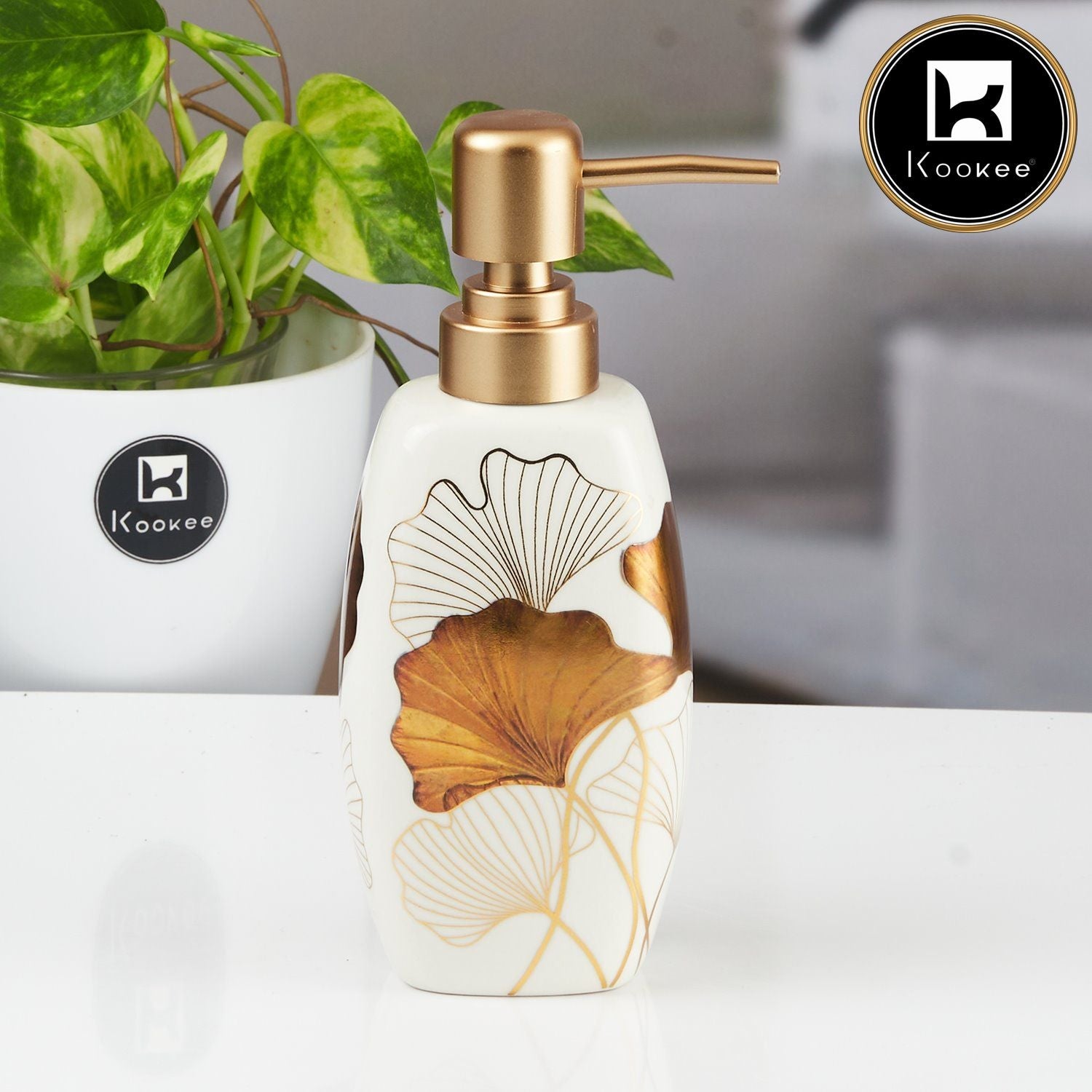 Kookee Ceramic Soap Dispenser with Stylish Refillable Pump Bottle for Bathroom Handwash & Kitchen Wash Basin, Perfect for Hand Soap, Lotion, and more, White,