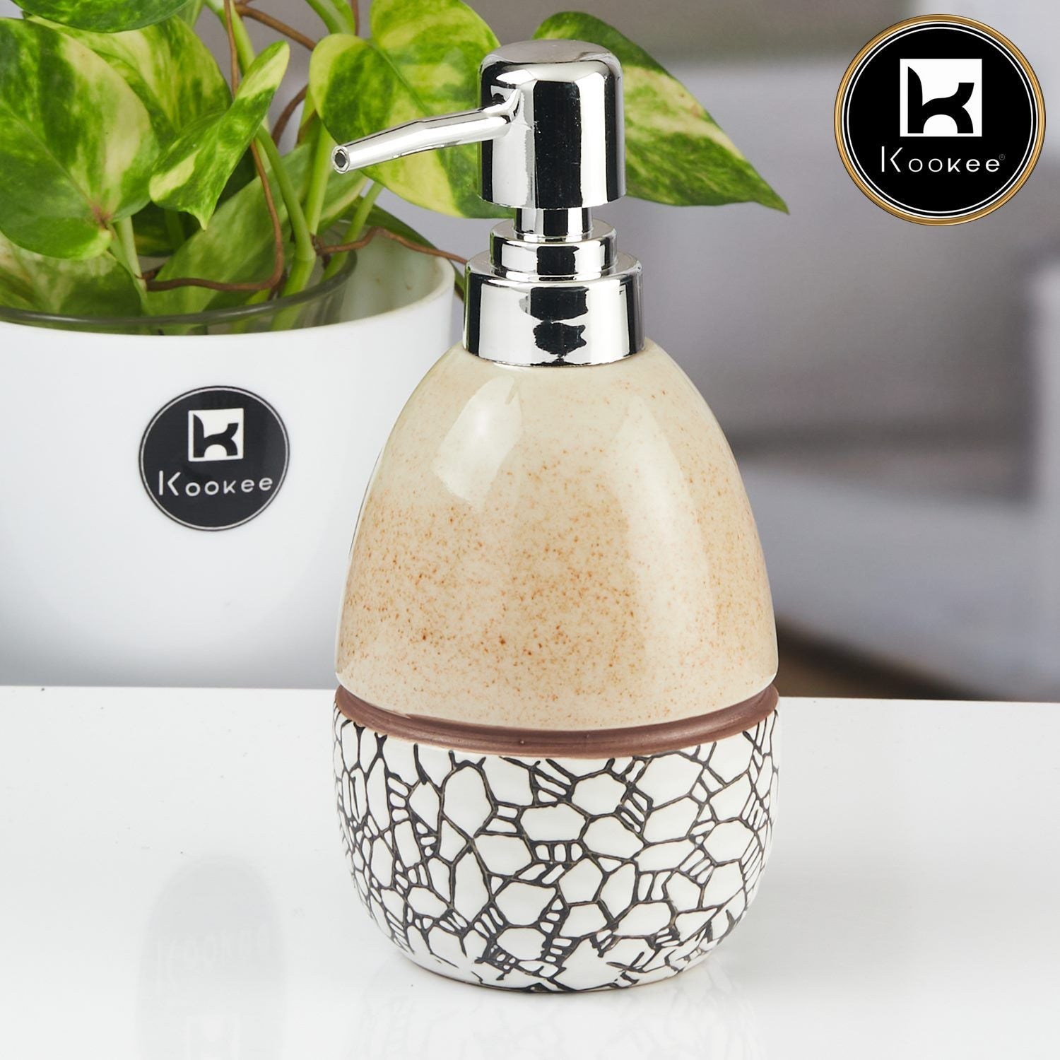 Ceramic Soap Dispenser for handwash for Bathroom, Beige, (Set of 1) (11344)