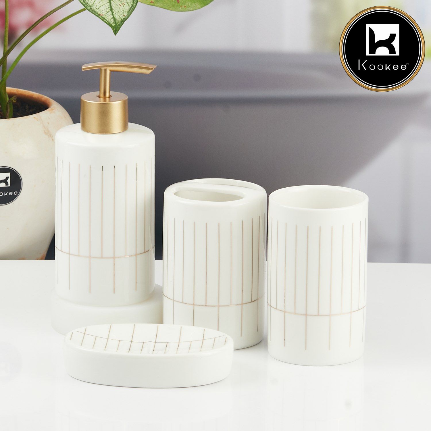 Kookee Ceramic Bathroom Accessories Set of 4, Modern Bath Set with Liquid handwash Soap Dispenser and Toothbrush holder, Luxury Gift Accessory for Home, White