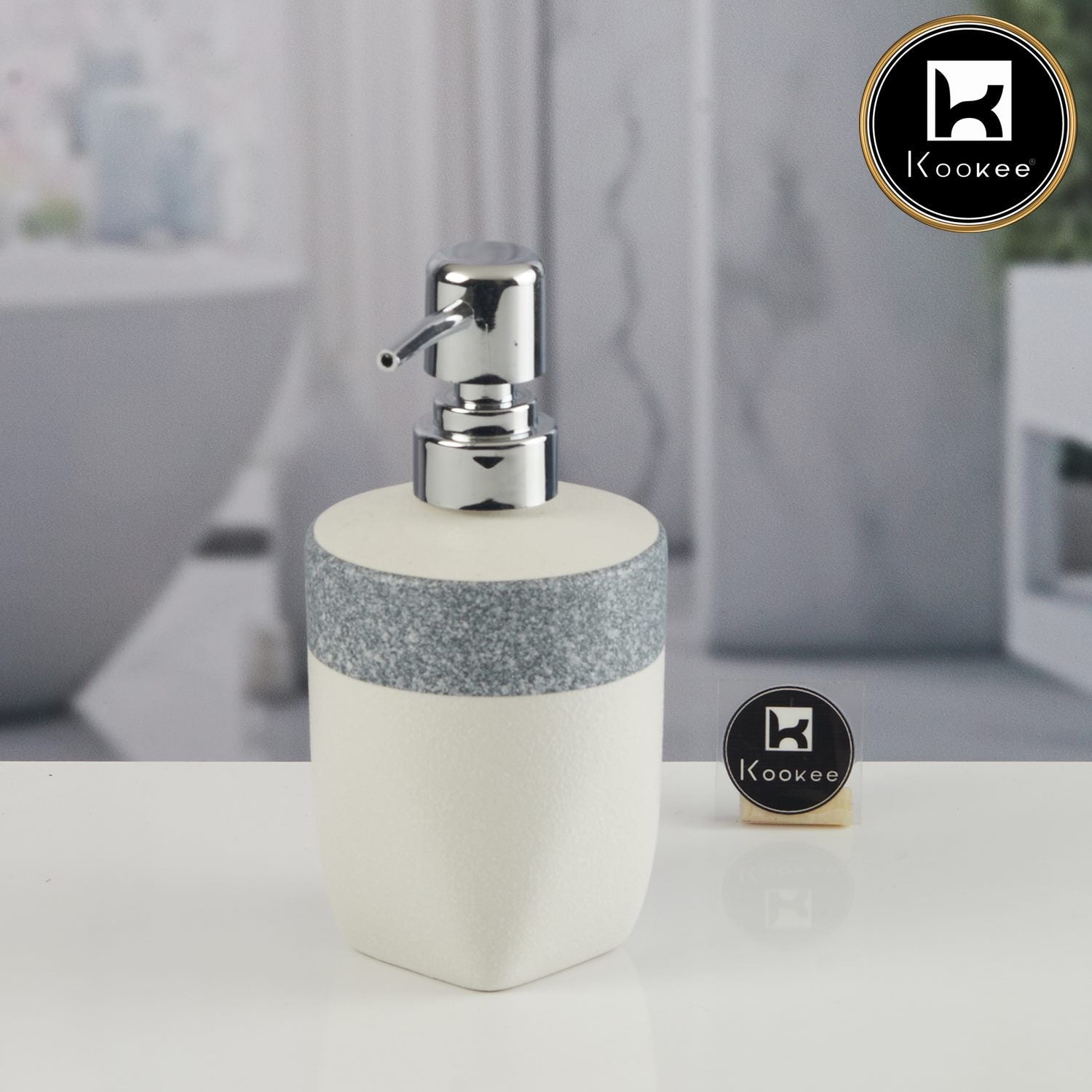 Kookee Ceramic Soap Dispenser with Stylish Refillable Pump Bottle for Bathroom Handwash & Kitchen Wash Basin, Perfect for Hand Soap, Lotion, and more, Grey,