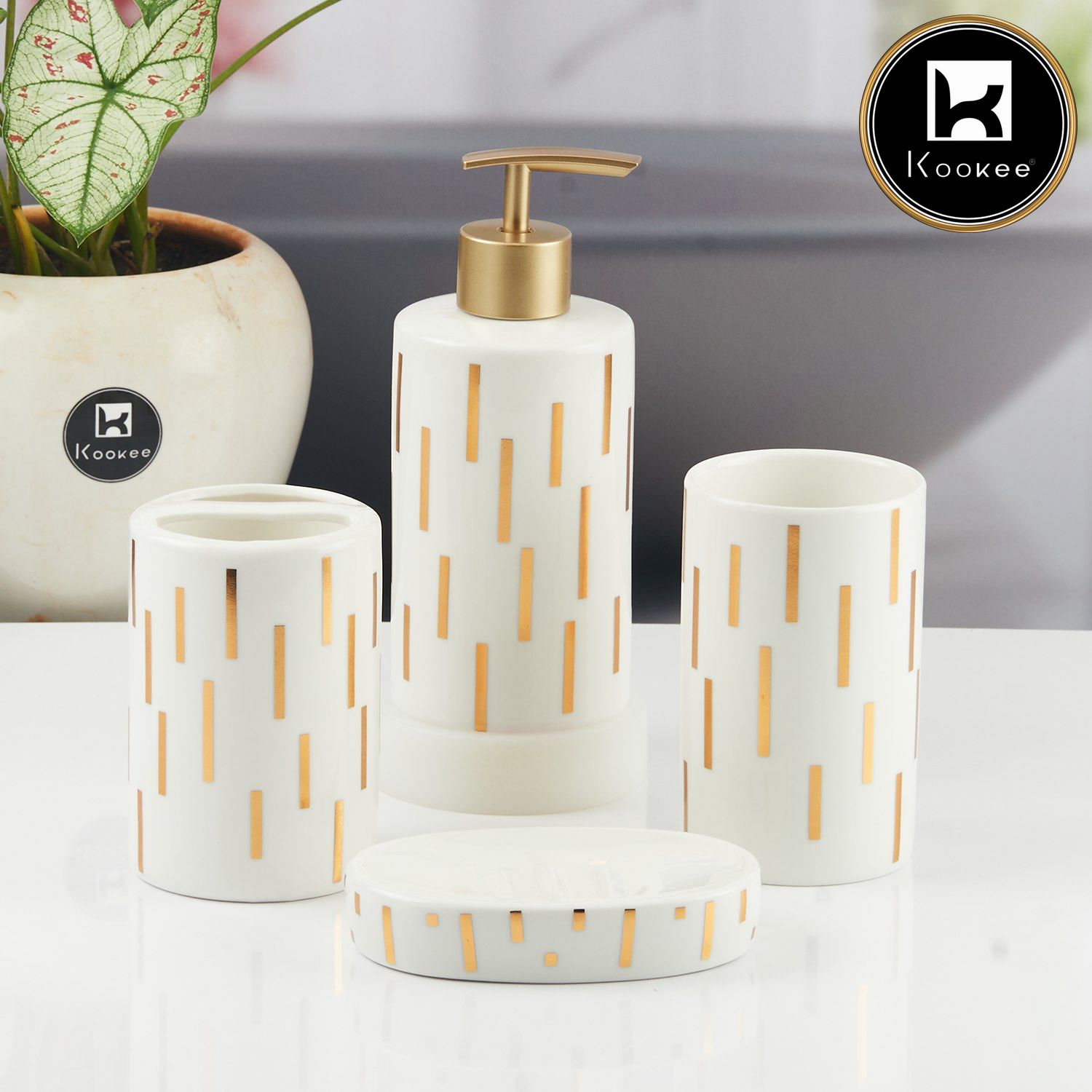 Ceramic Bathroom Accessories Set of 4 with Soap Dispenser (11374)