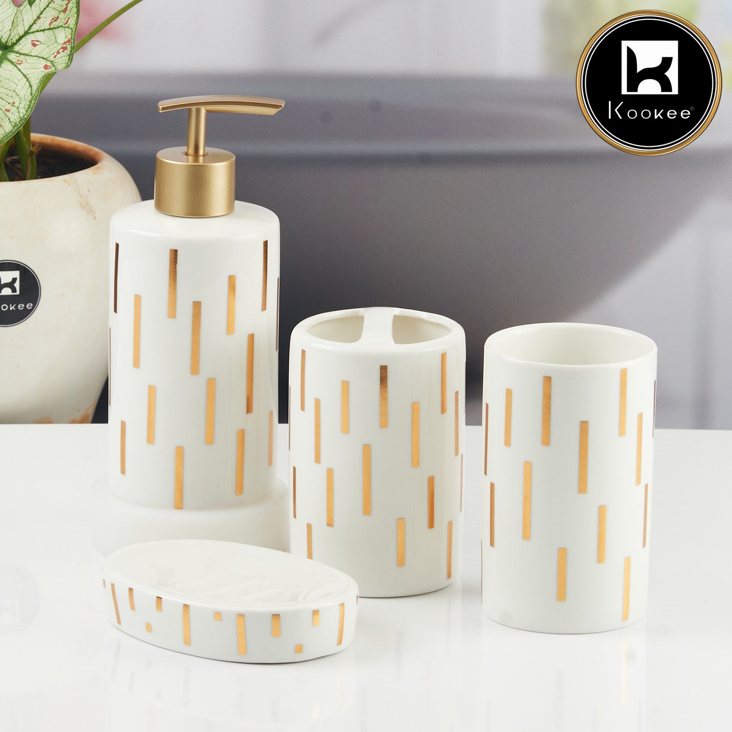 Kookee Ceramic Bathroom Accessories Set of 4, Modern Bath Set with Liquid handwash Soap Dispenser and Toothbrush holder, Luxury Gift Accessory for Home