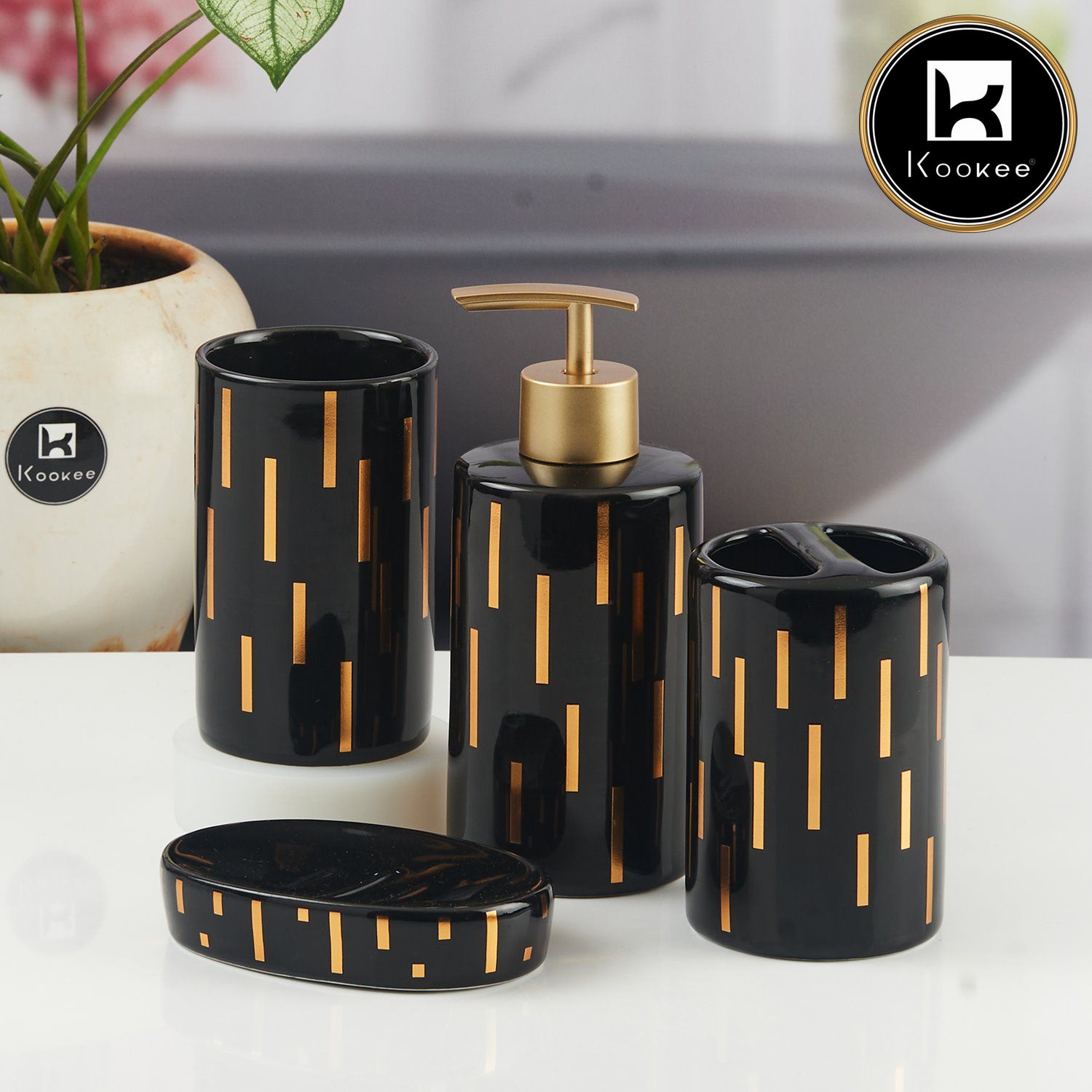 Ceramic Bathroom Accessories Set of 4 with Soap Dispenser (11375)