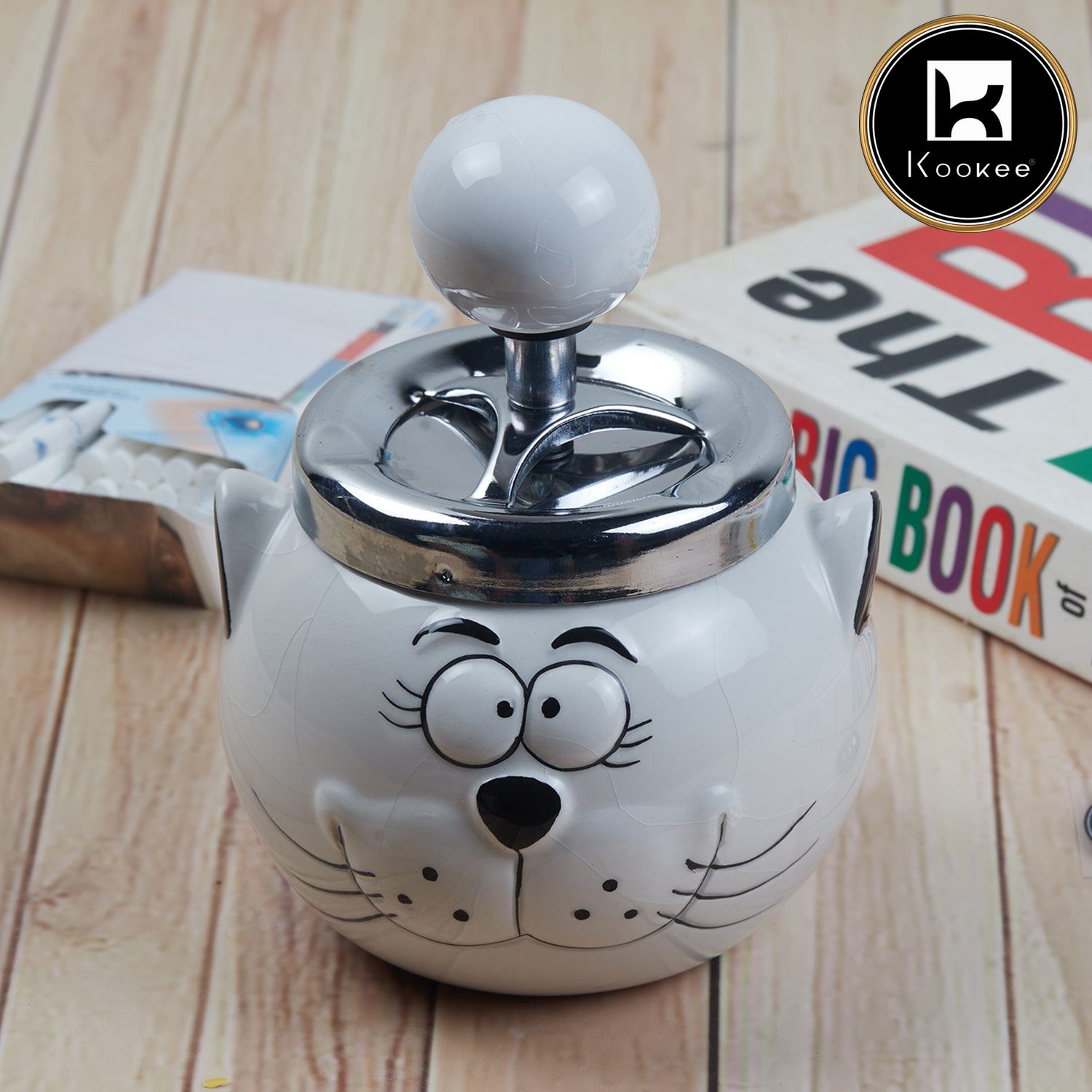 Kookee Smokeless Ceramic Push Down Ashtray for Cigarettes, Round, White (11378)