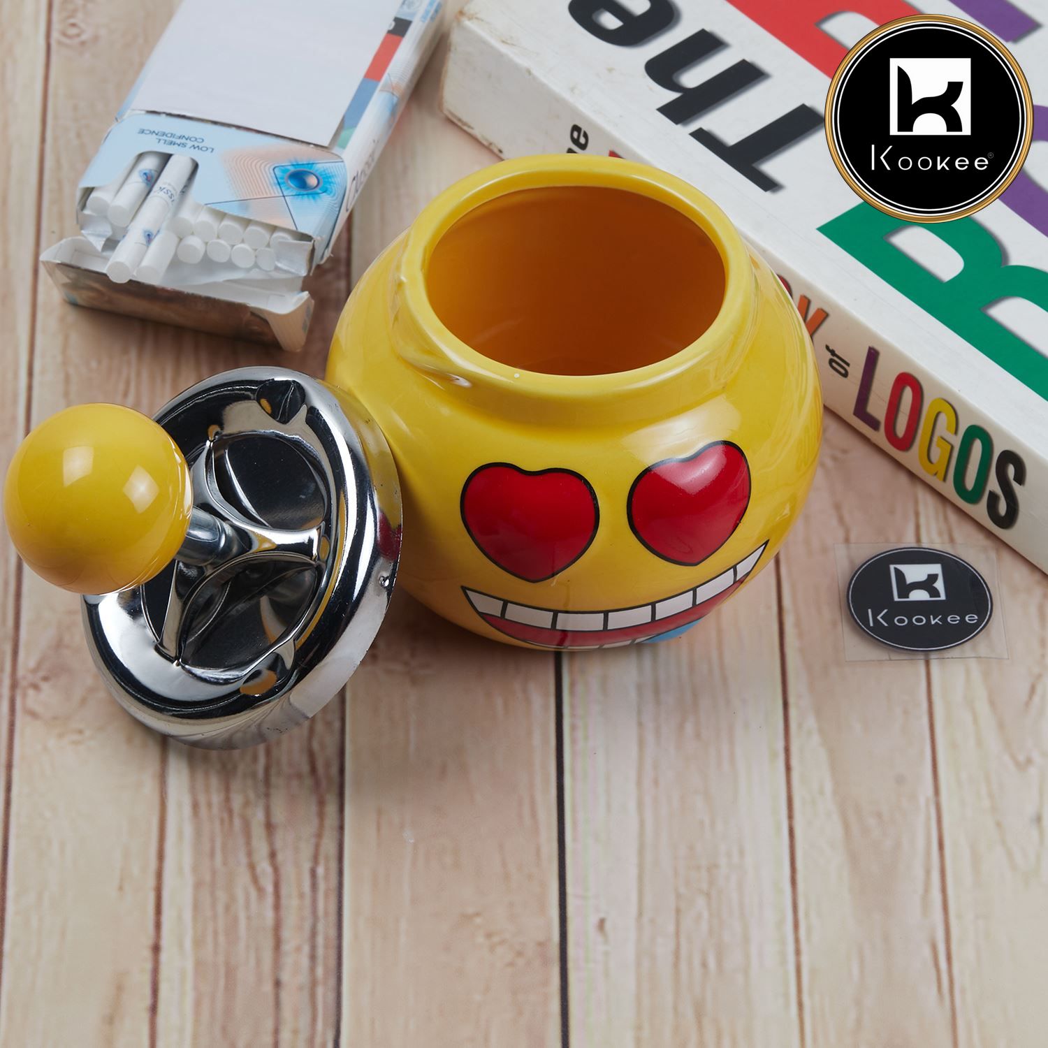 Smokeless Ceramic Push Down Ashtray for Cigarettes, Round, Yellow Smiley (V-ASH-008-4)