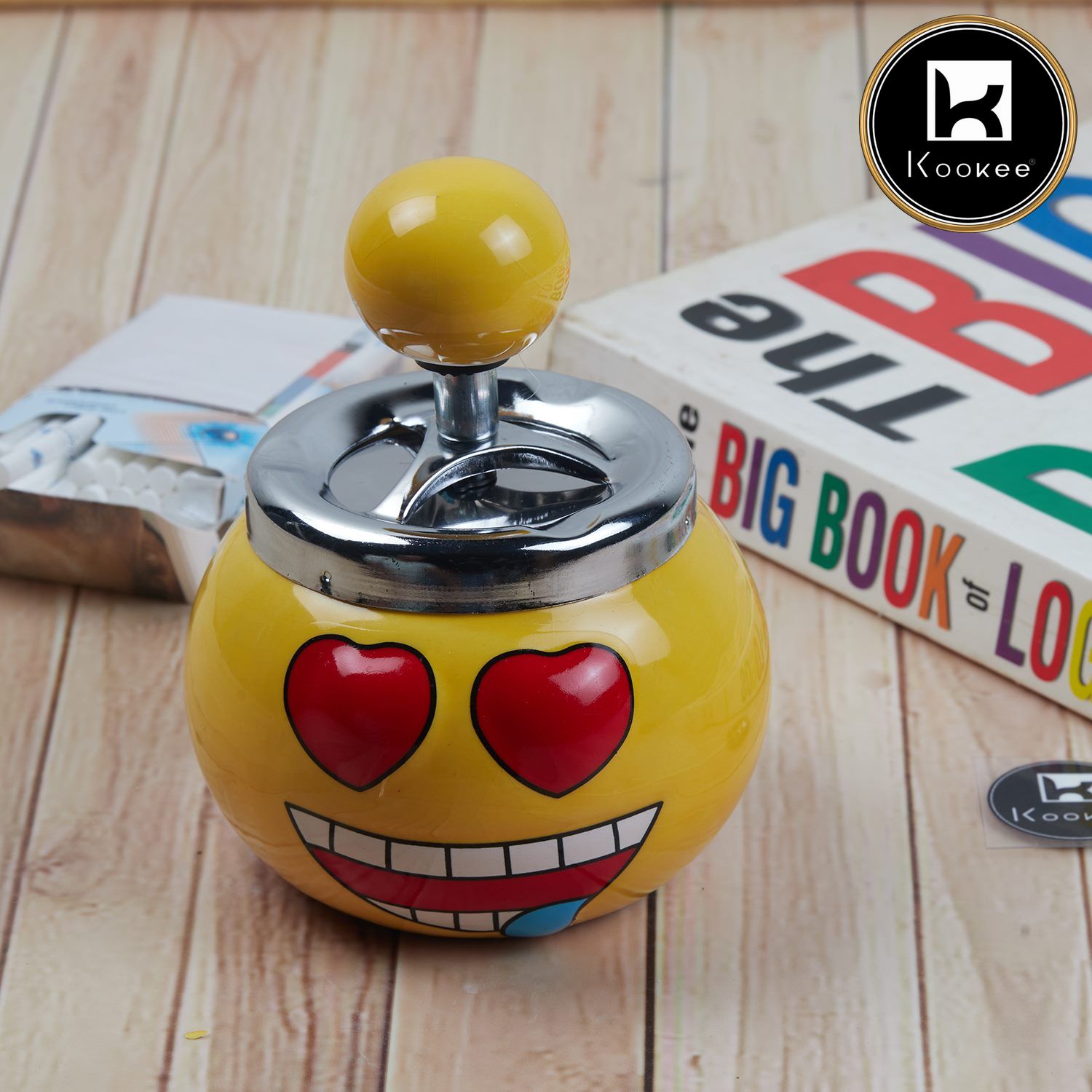 Kookee Smokeless Ceramic Push Down Ashtray for Cigarettes, Round, Yellow Smiley (11380)