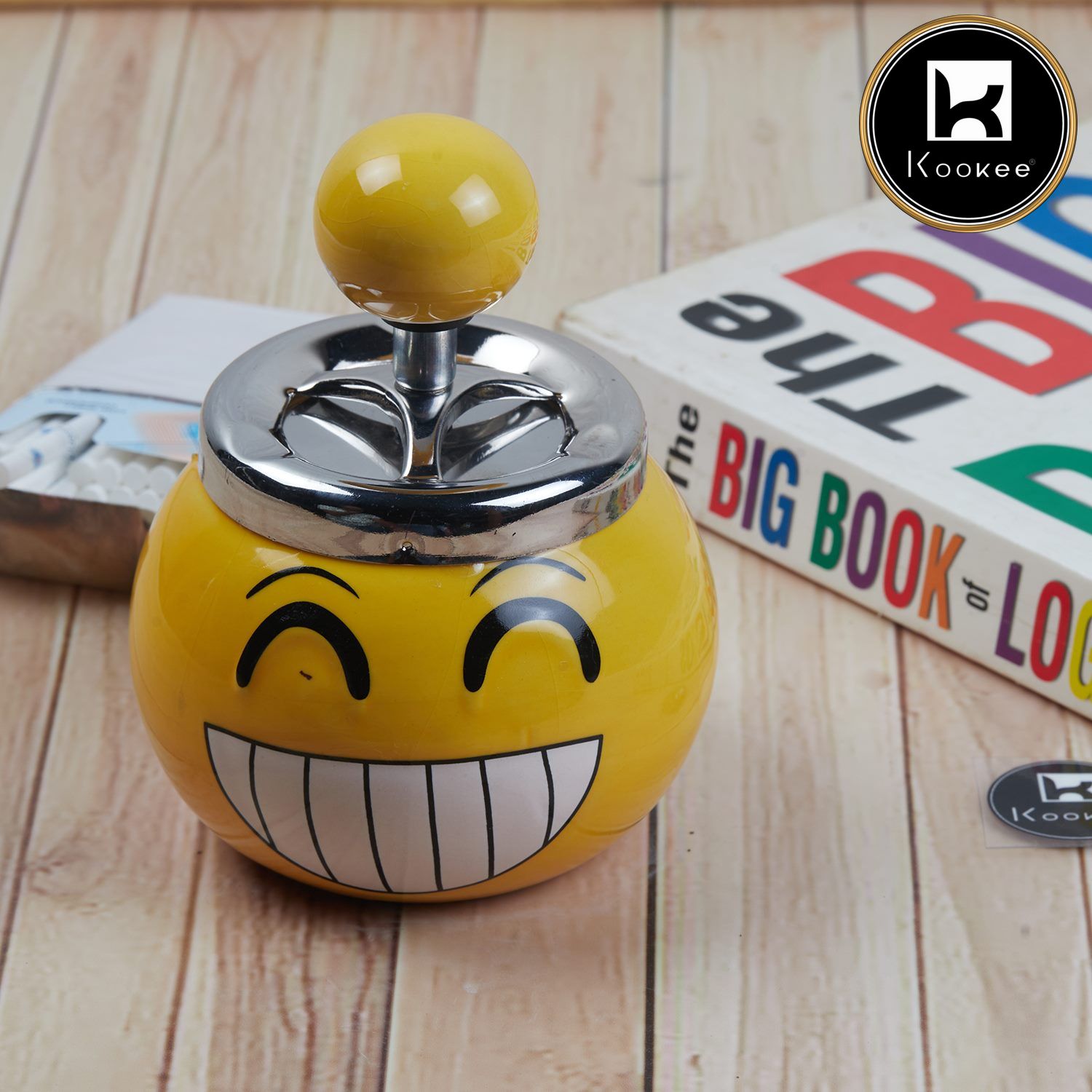 Kookee Smokeless Ceramic Push Down Ashtray for Cigarettes, Round, Yellow Smiley (11381)