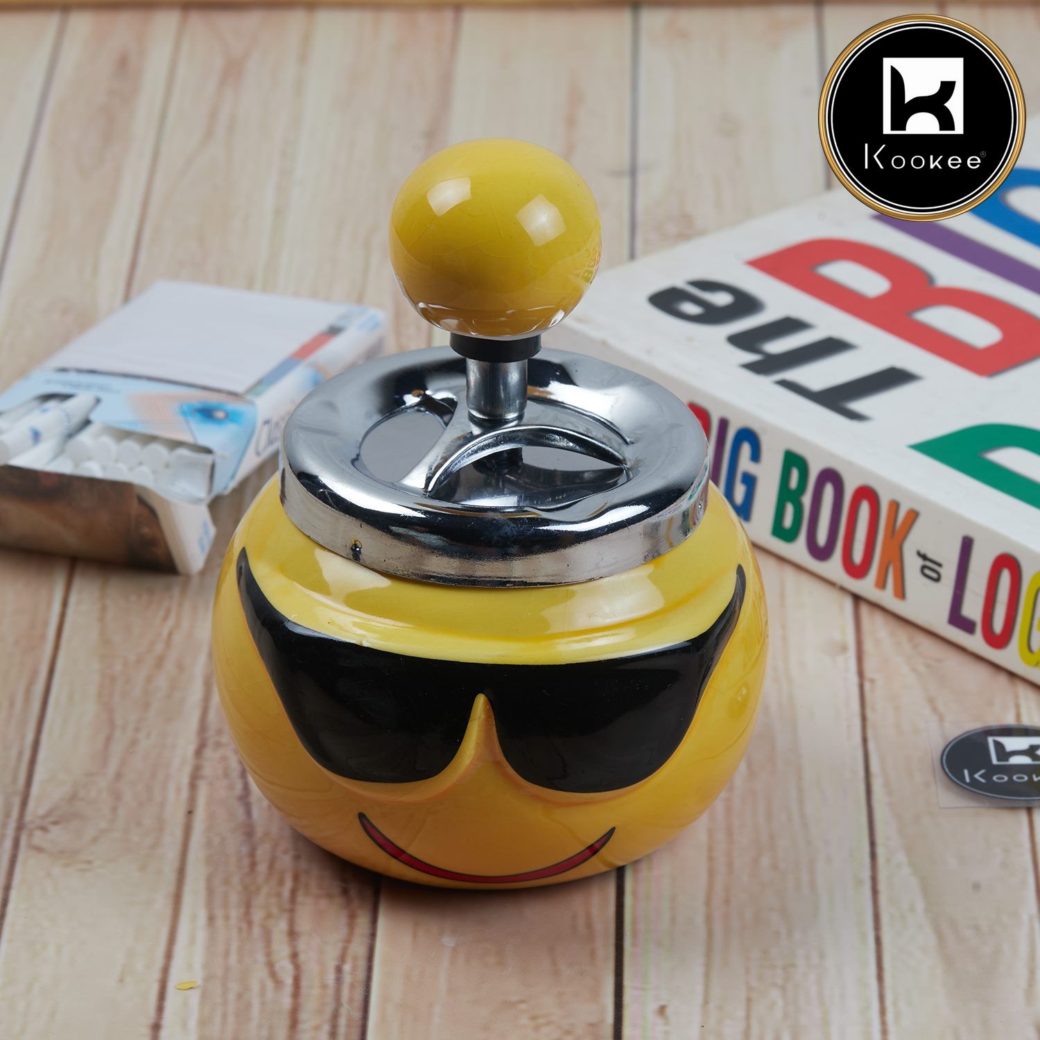 Kookee Smokeless Ceramic Push Down Ashtray for Cigarettes, Round, Yellow Smiley (11382)
