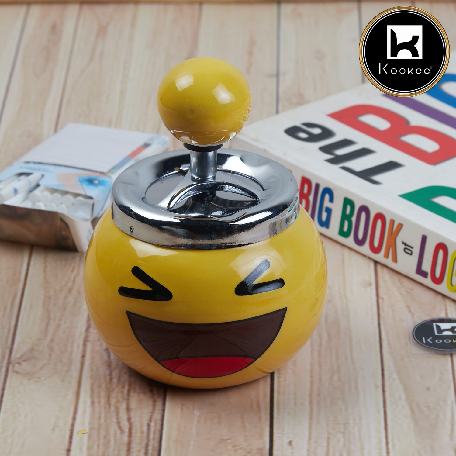 Kookee Smokeless Ceramic Push Down Ashtray for Cigarettes, Round, Yellow Smiley (11383)