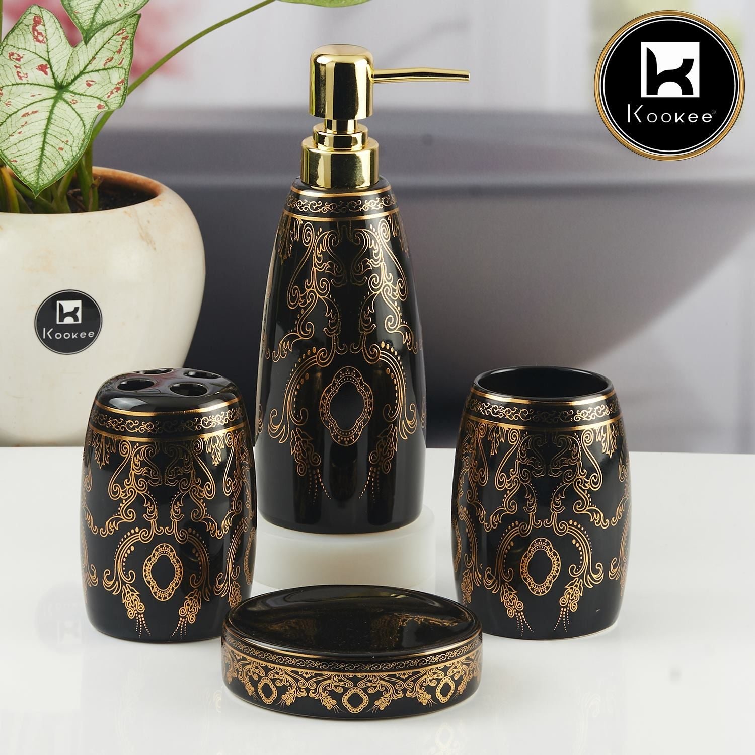 Ceramic Bathroom Accessories Set of 4 with Soap Dispenser (11390)