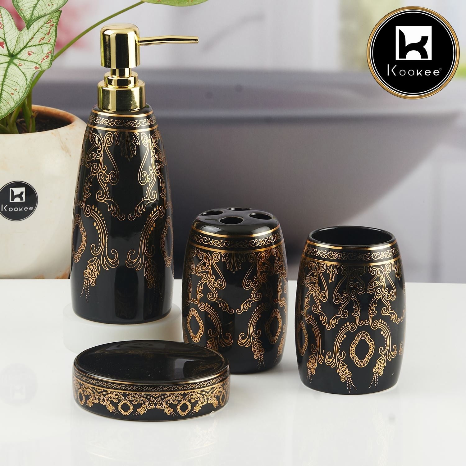 Kookee Ceramic Bathroom Accessories Set of 4, Modern Bath Set with Liquid handwash Soap Dispenser and Toothbrush holder, Luxury Gift Accessory for Home