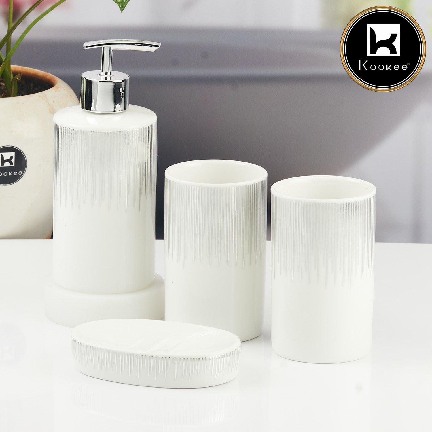 Ceramic Bathroom Accessories Set of 4 with Soap Dispenser (11394)