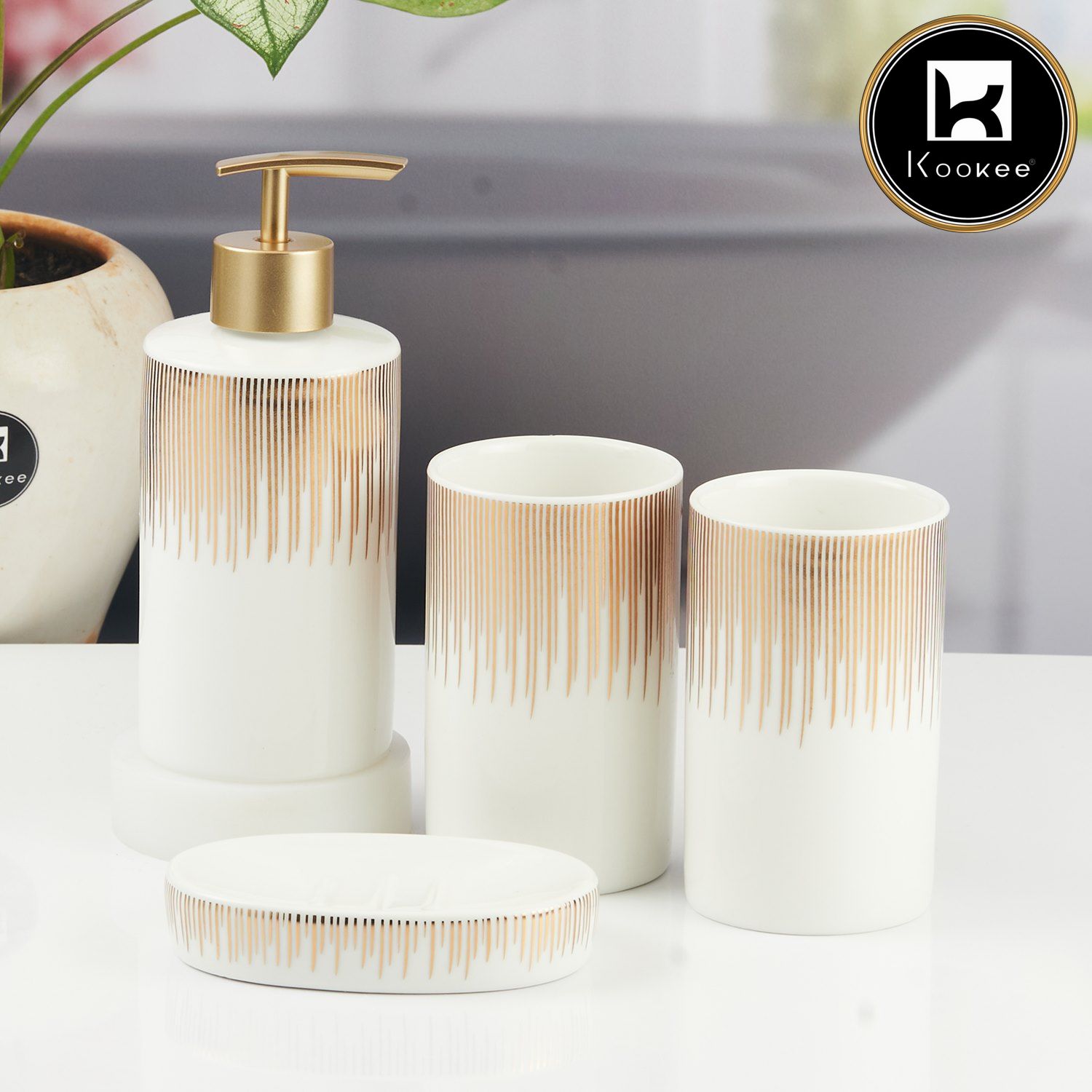 Ceramic Bathroom Accessories Set of 4 with Soap Dispenser (11395)