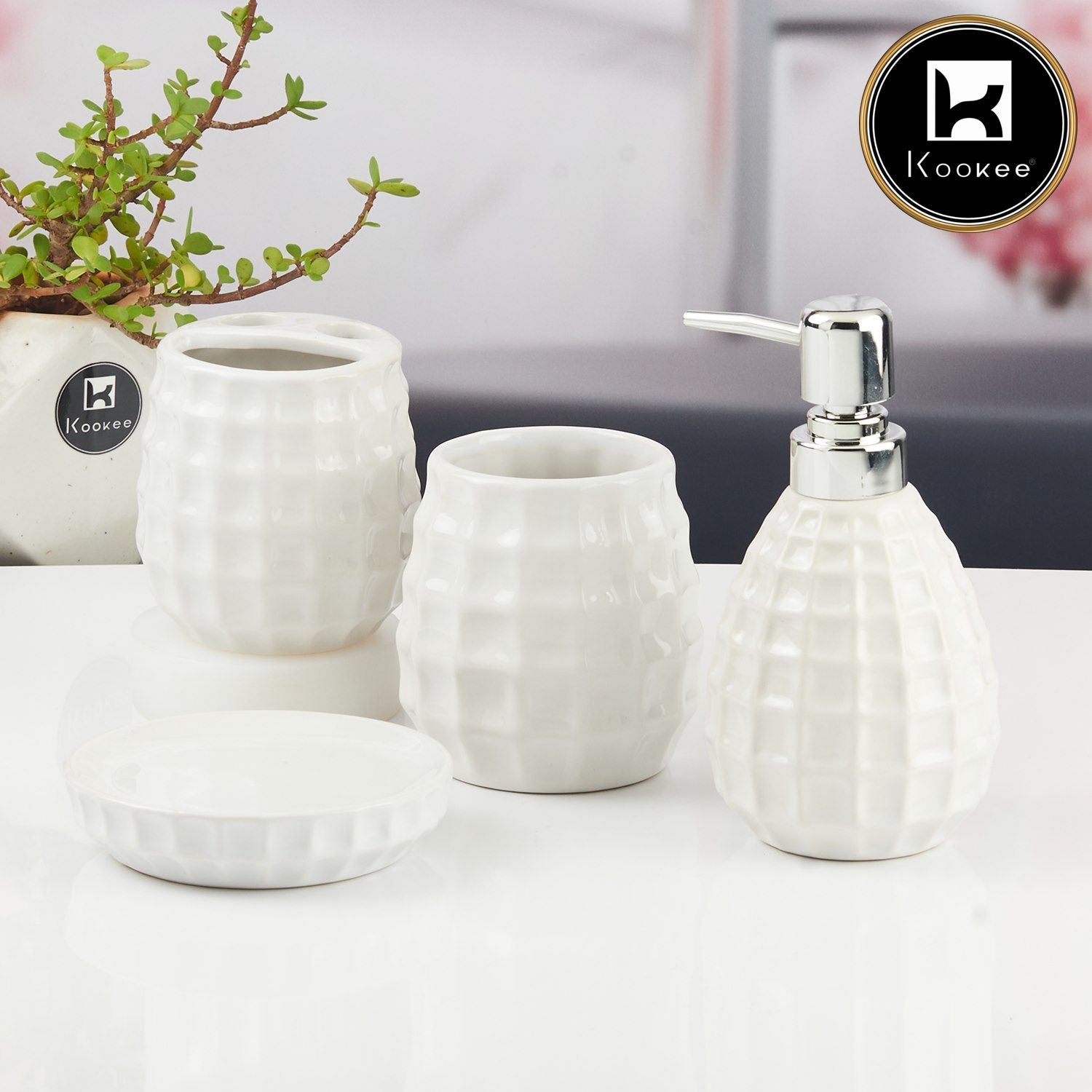 Ceramic Bathroom Accessories Set of 4 with Soap Dispenser (11396)