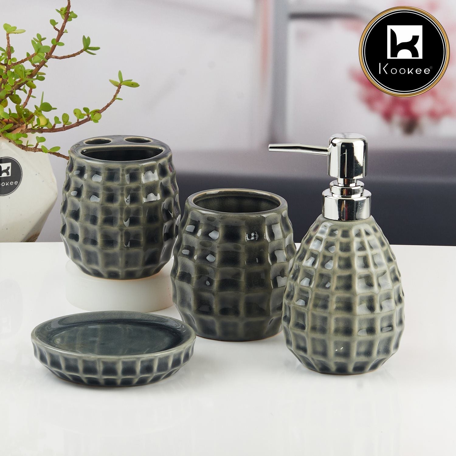 Ceramic Bathroom Accessories Set of 4 with Soap Dispenser (11397)