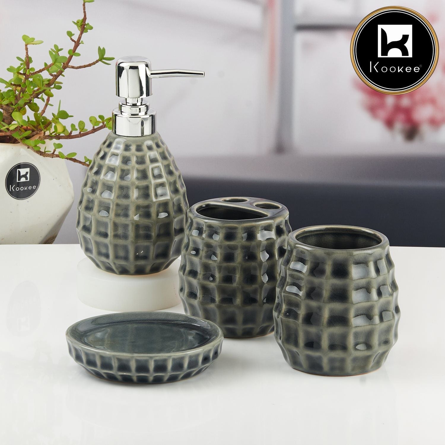 Ceramic Bathroom Accessories Set of 4 with Soap Dispenser (11397)