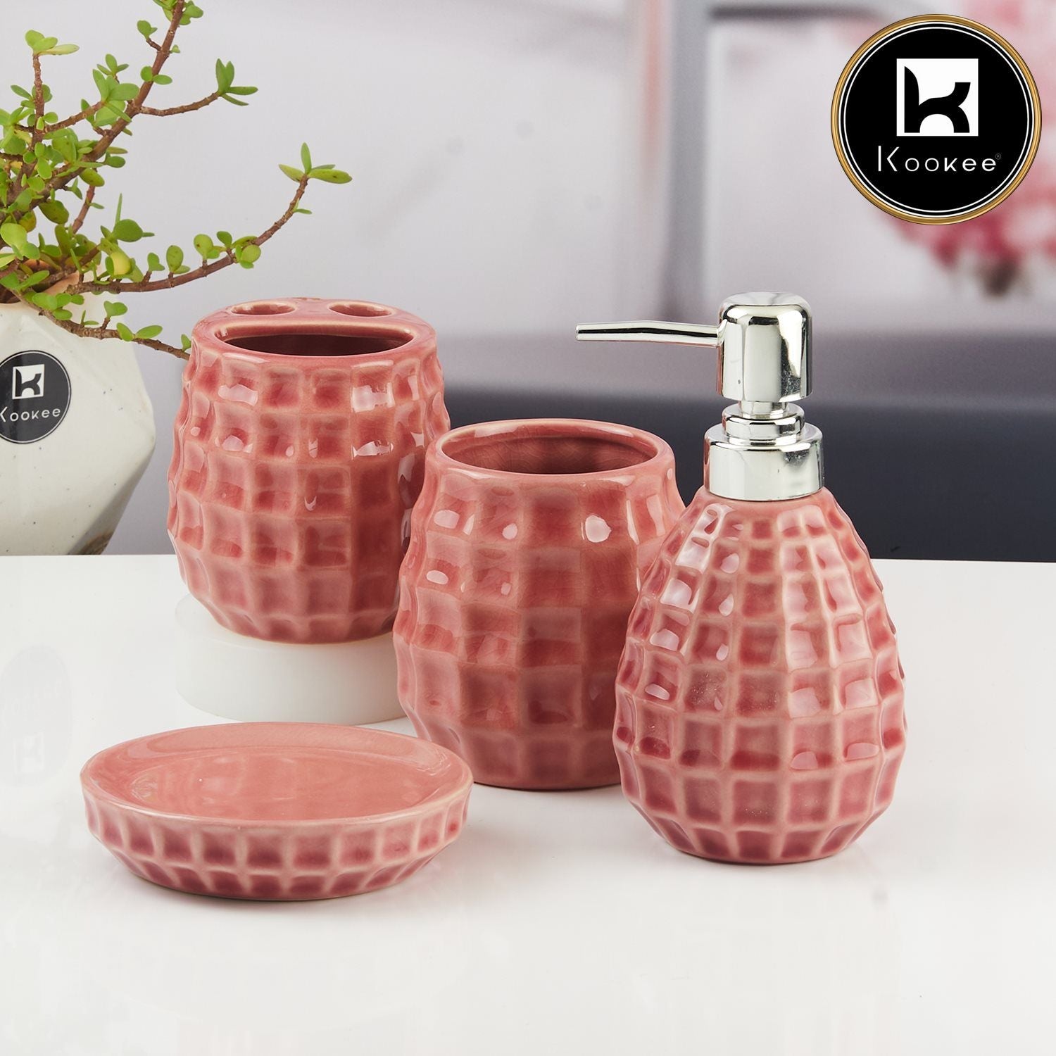 Ceramic Bathroom Accessories Set of 4 with Soap Dispenser (11398)