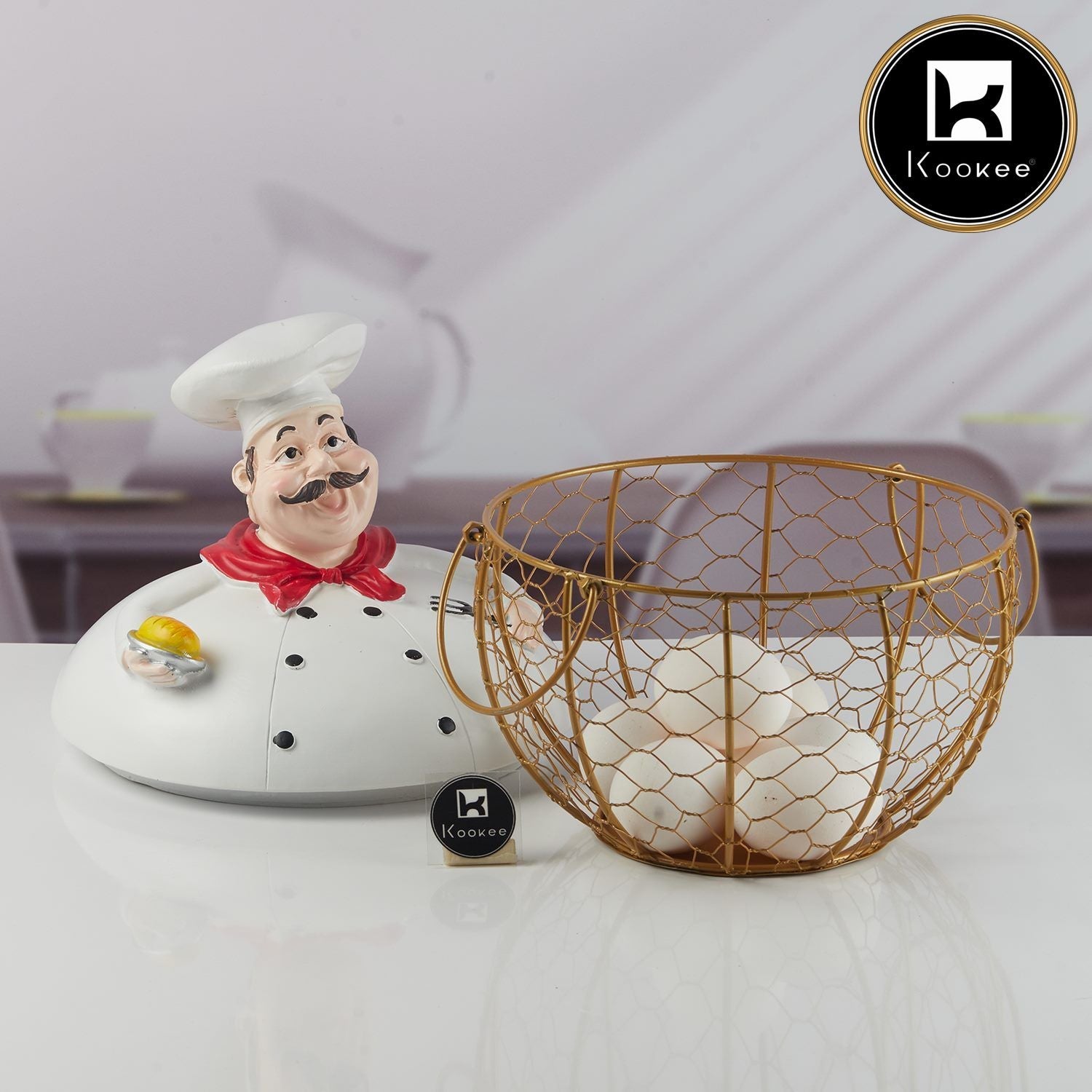Chef Shape Wire Black Mesh Egg Storage with White Polyresin Chef Top & Handles (V-EGG-001-1)