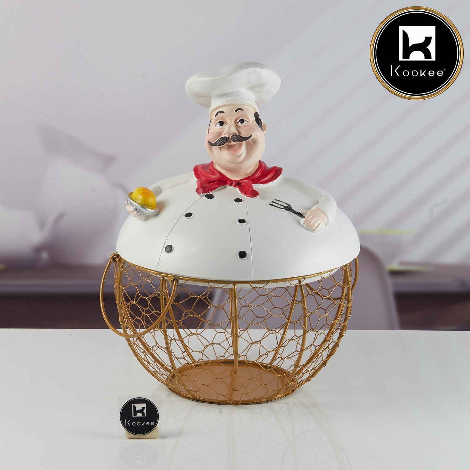 Chef Shape Wire Black Mesh Egg Storage with White Polyresin Chef Top & Handles (V-EGG-001-1)