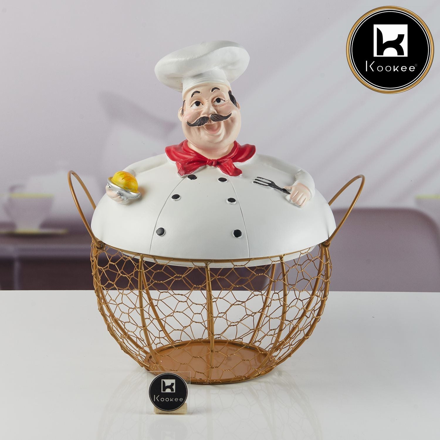 Chef Shape Wire Black Mesh Egg Storage with White Polyresin Chef Top & Handles (V-EGG-001-1)