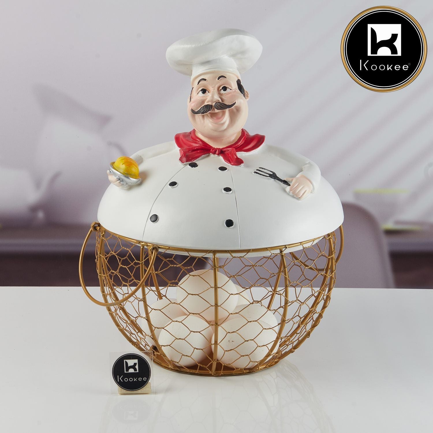 Kookee Chef Shape Wire Black Mesh Egg Storage with White Polyresin Chef Top & Handles