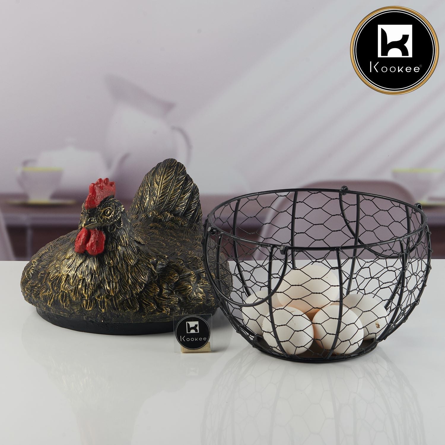 Hen Shape Wire Black Mesh Egg Storage with Black Polyresin Farm Chicken Top & Handles