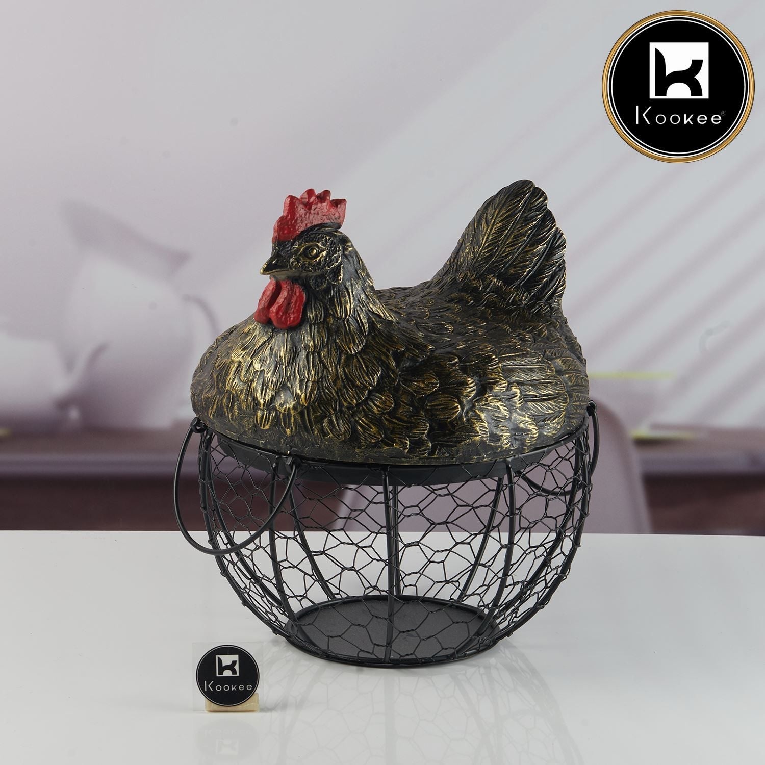 Hen Shape Wire Black Mesh Egg Storage with Black Polyresin Farm Chicken Top & Handles