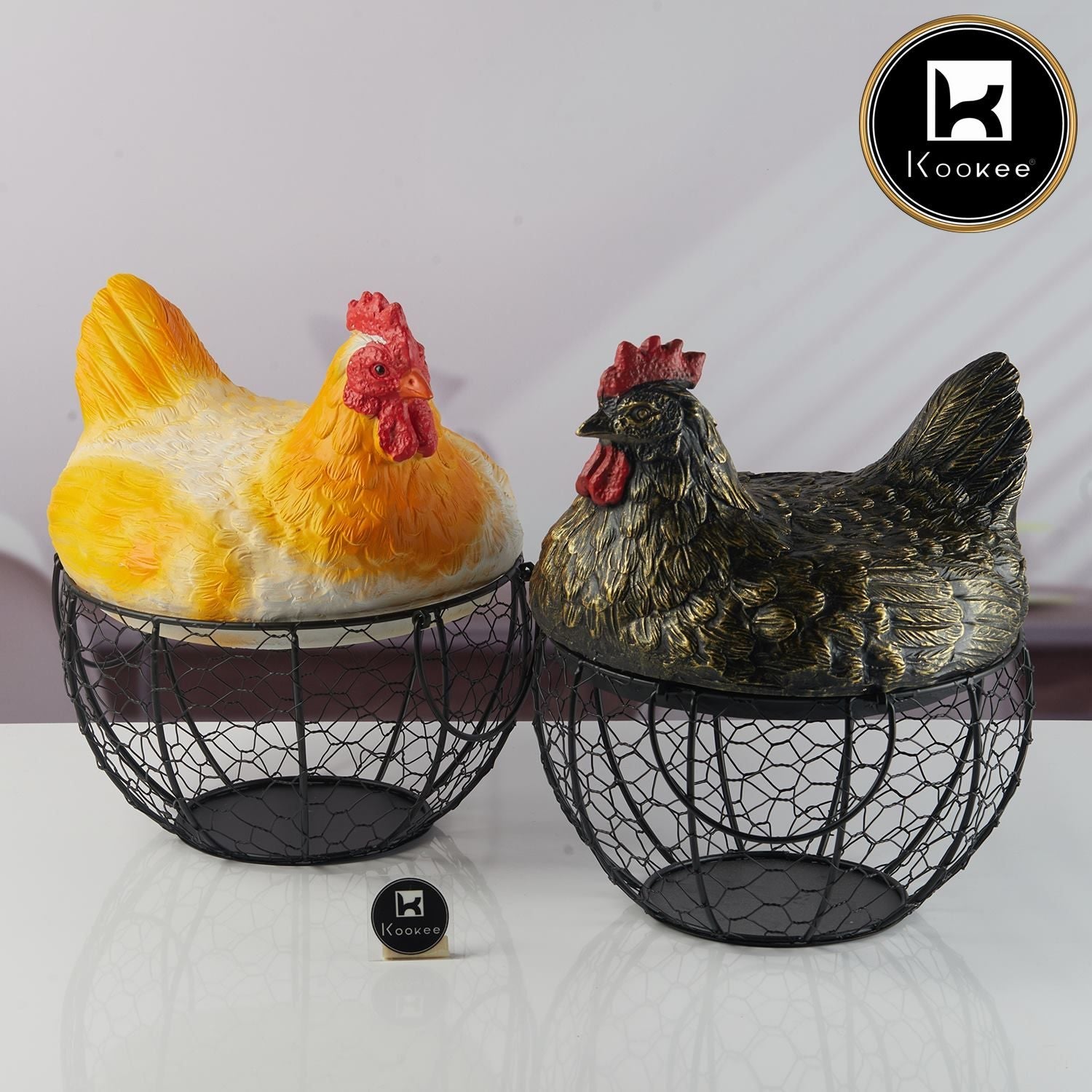 Hen Shape Wire Black Mesh Egg Storage with Black Polyresin Farm Chicken Top & Handles (V-EGG-001-2)