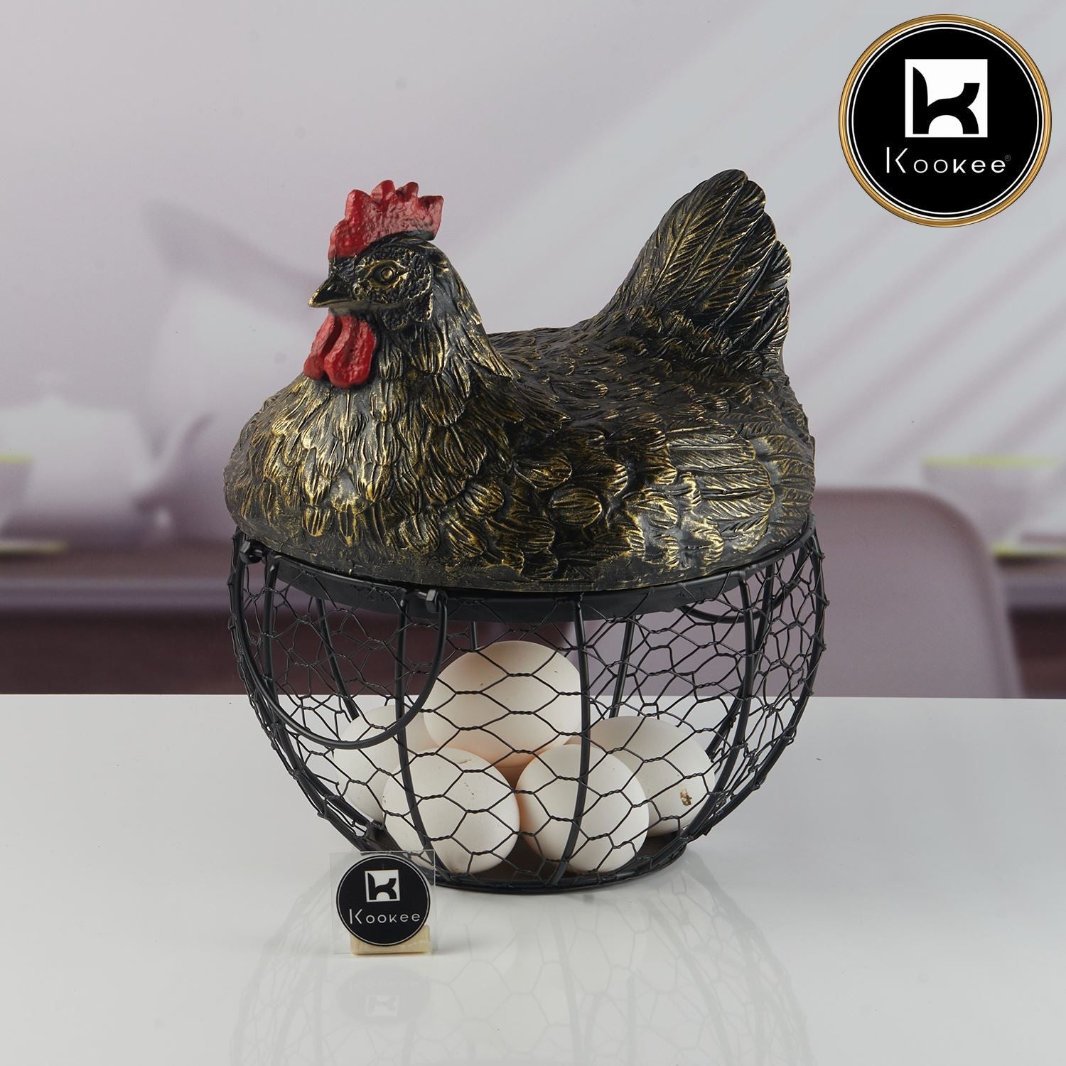Kookee Hen Shape Wire Black Mesh Egg Storage with Black Polyresin Farm Chicken Top & Handles