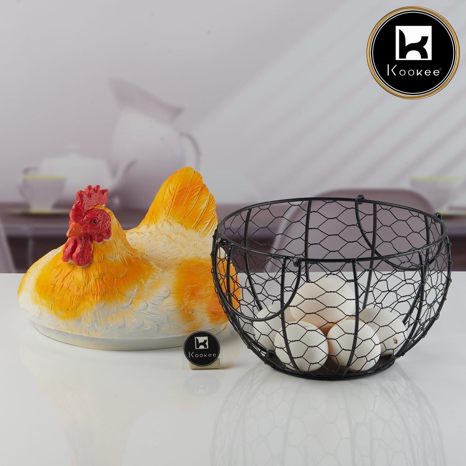 Hen Shape Wire Mesh Egg Storage with Yellow Polyresin Farm Chicken Top & Handles