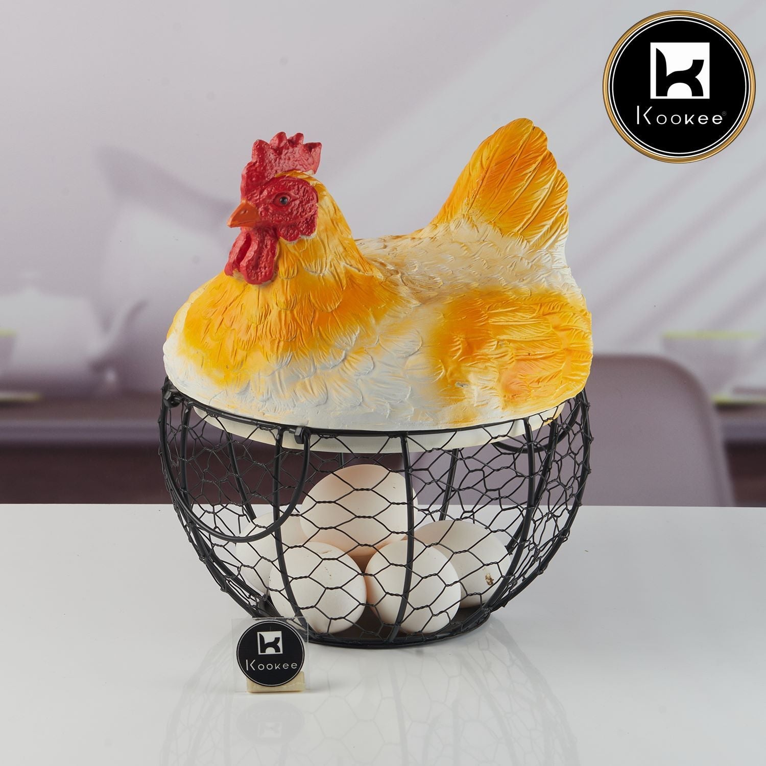 Kookee Hen Shape Wire Mesh Egg Storage with Yellow Polyresin Farm Chicken Top & Handles