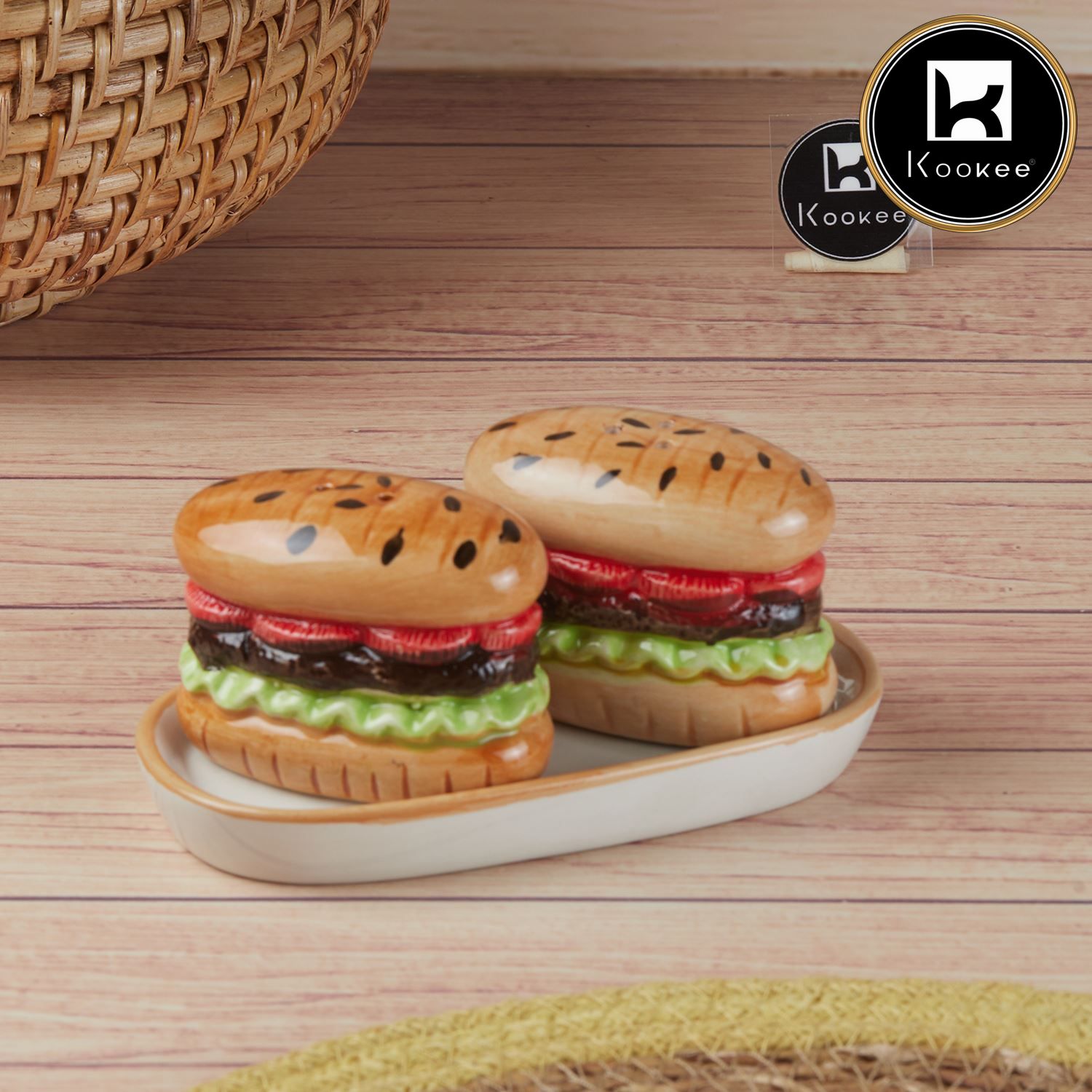 Kookee Ceramic Salt Pepper Container Set with tray (Pack of 1) (11415)